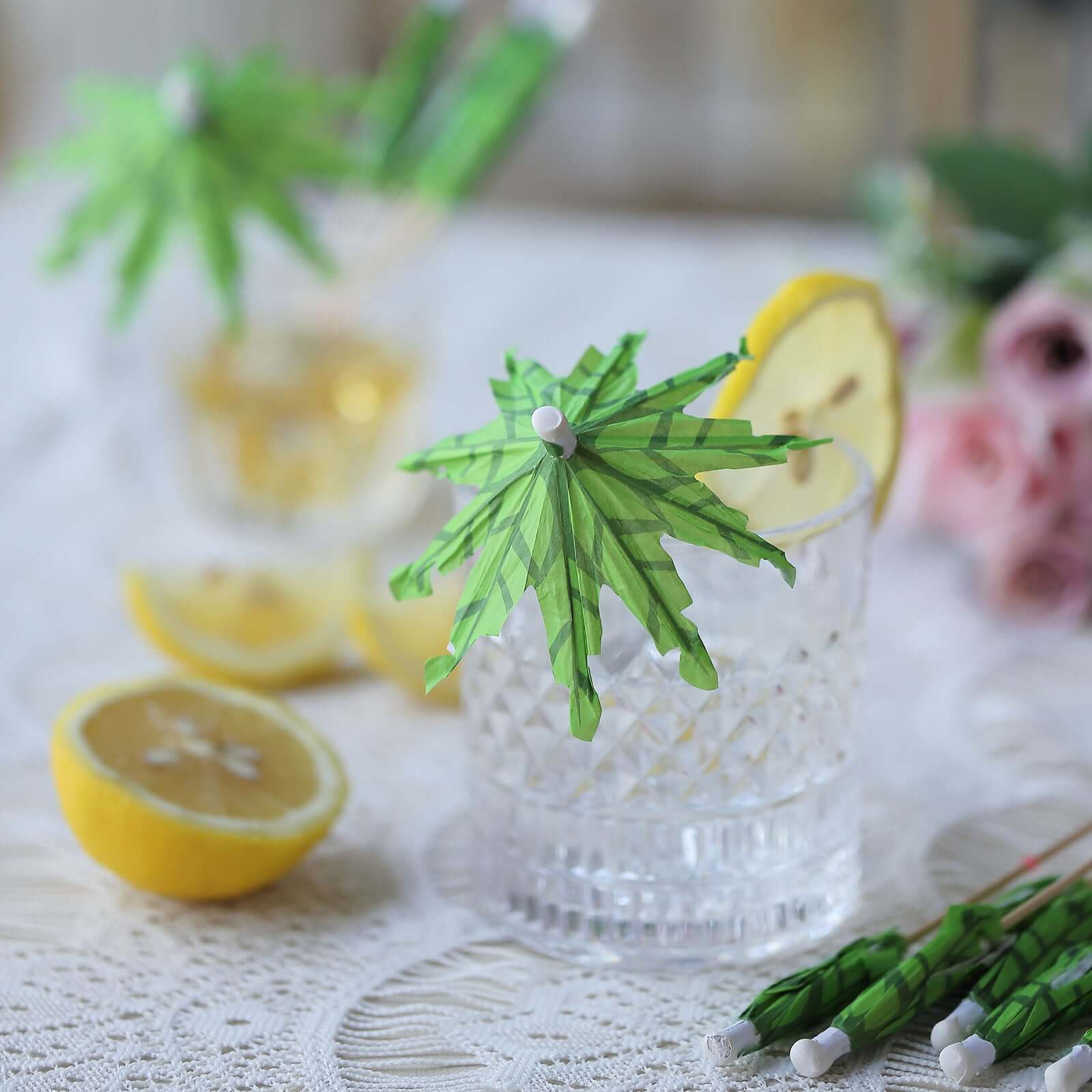50-Pack Natural Bamboo Skewers 6", Green Tropical Leaf Parasol Cocktail Umbrella Picks - Eco Friendly Disposable Drink Sticks - Image 9