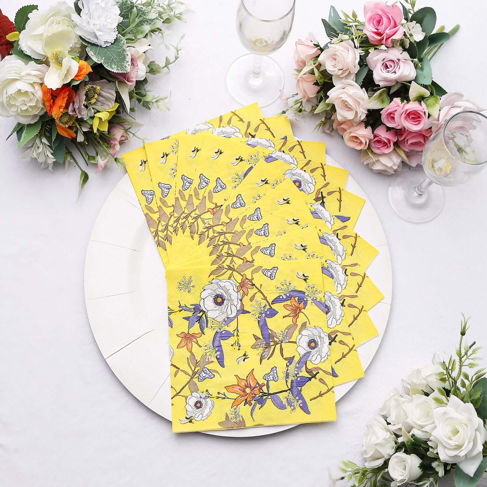 20-Pack Paper Beverage Napkins 2 Ply Bright Yellow with Blooming Flowers Design 6.5"x6.5" - Soft Botanical Floral Wedding Cocktail Napkins 18GSM - Image 11