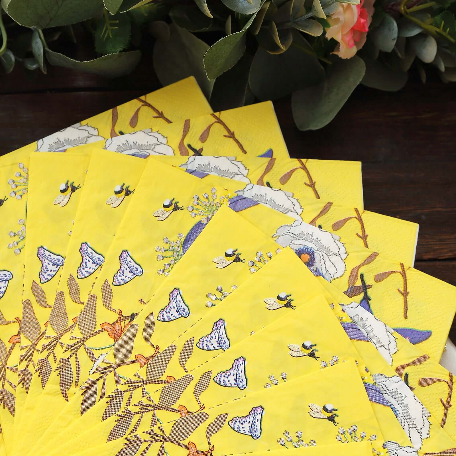 20-Pack Paper Beverage Napkins 2 Ply Bright Yellow with Blooming Flowers Design 6.5"x6.5" - Soft Botanical Floral Wedding Cocktail Napkins 18GSM - Image 12