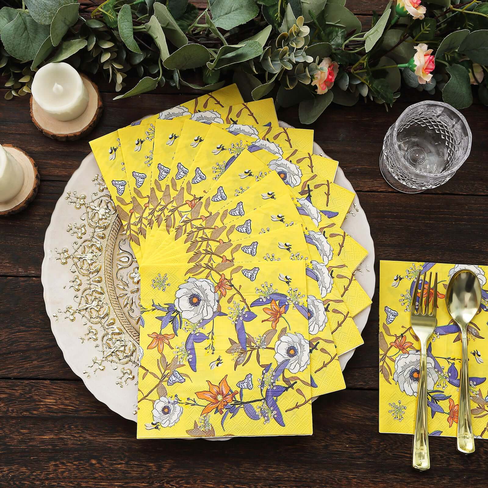 20-Pack Paper Beverage Napkins 2 Ply Bright Yellow with Blooming Flowers Design 6.5"x6.5" - Soft Botanical Floral Wedding Cocktail Napkins 18GSM - Image 6