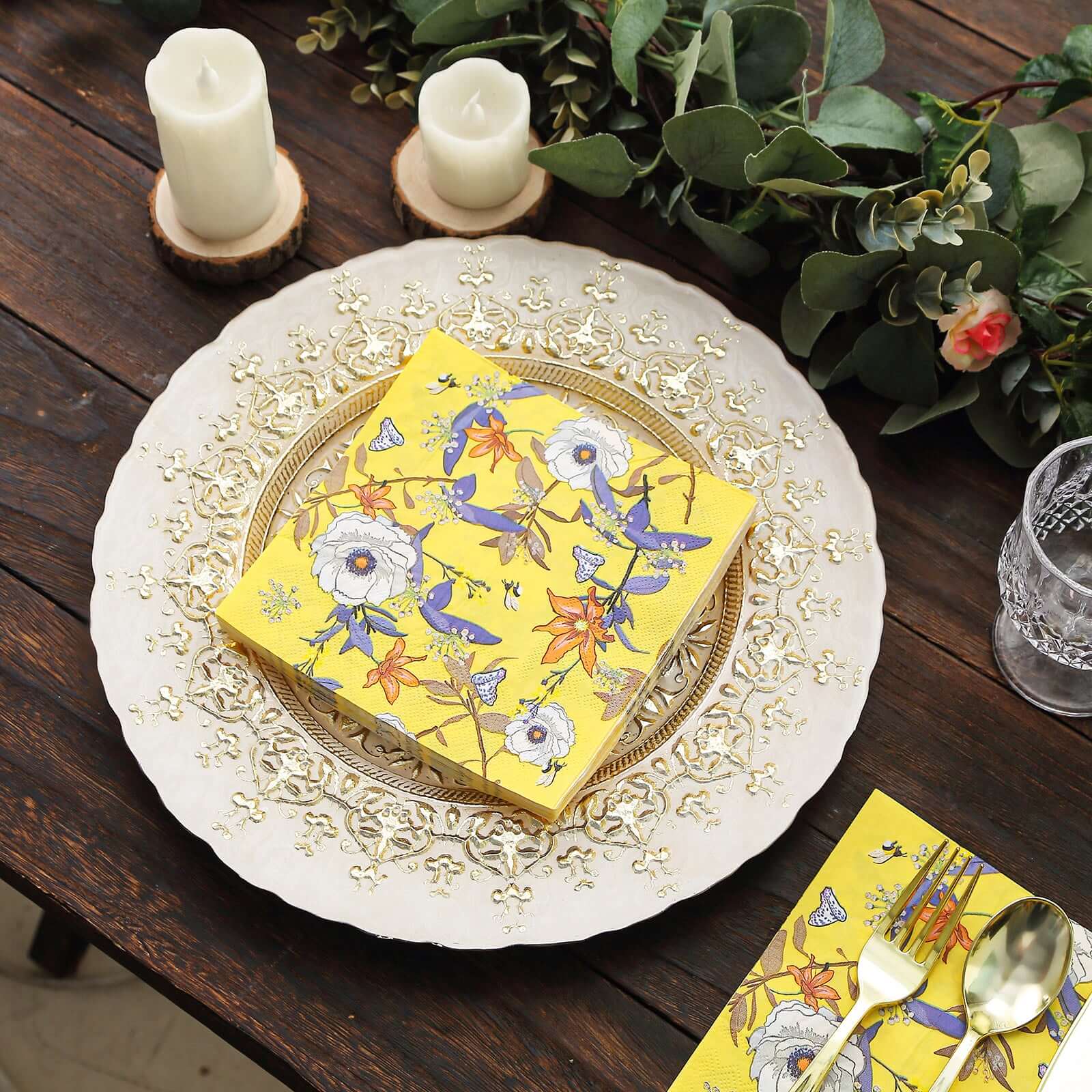 20-Pack Paper Beverage Napkins 2 Ply Bright Yellow with Blooming Flowers Design 6.5"x6.5" - Soft Botanical Floral Wedding Cocktail Napkins 18GSM - Image 9