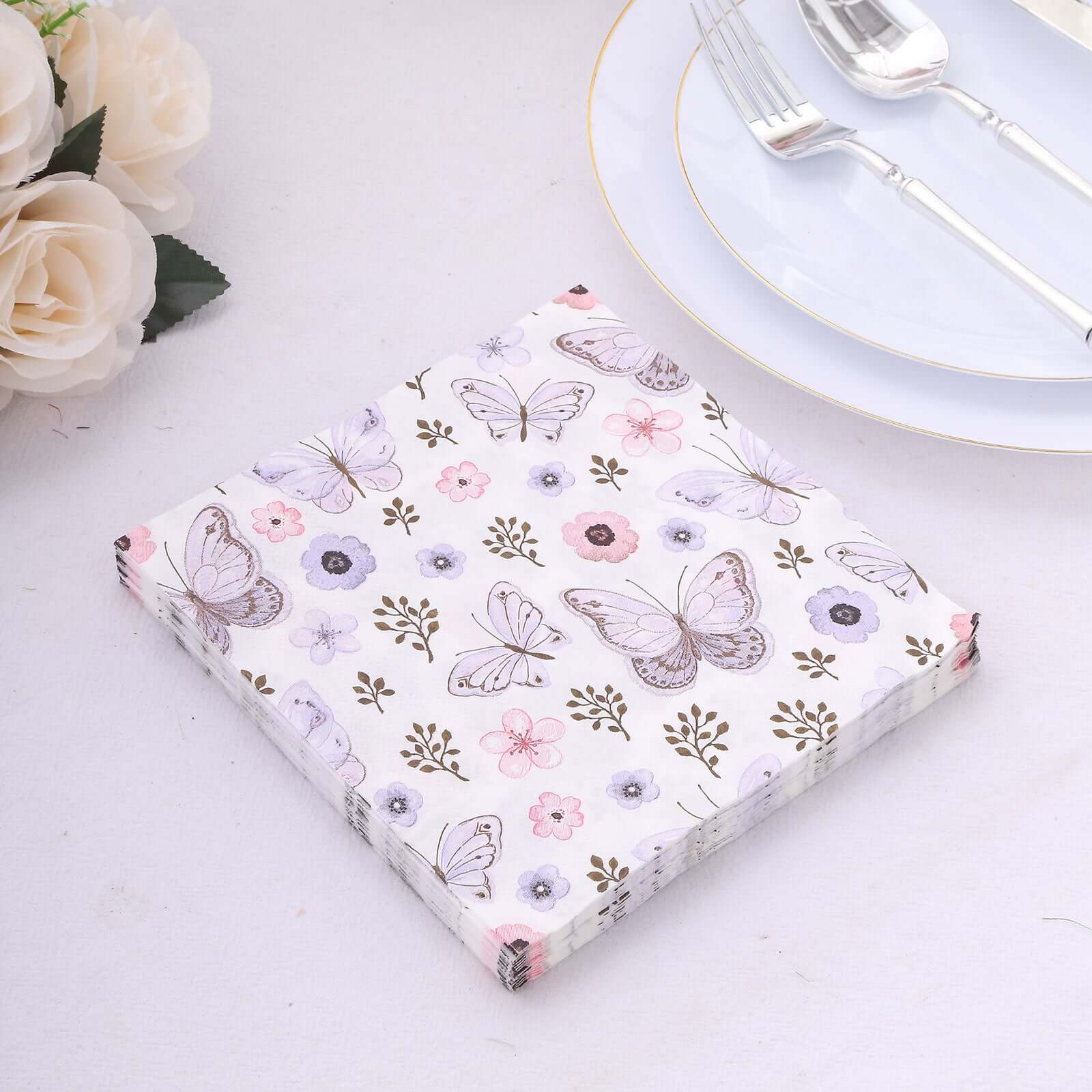 20-Pack Paper Beverage Napkins 2 Ply Lavender/Ivory with Butterfly Design 6.5"x6.5" - Soft Stylish Garden Party Cocktail Napkins 18GSM