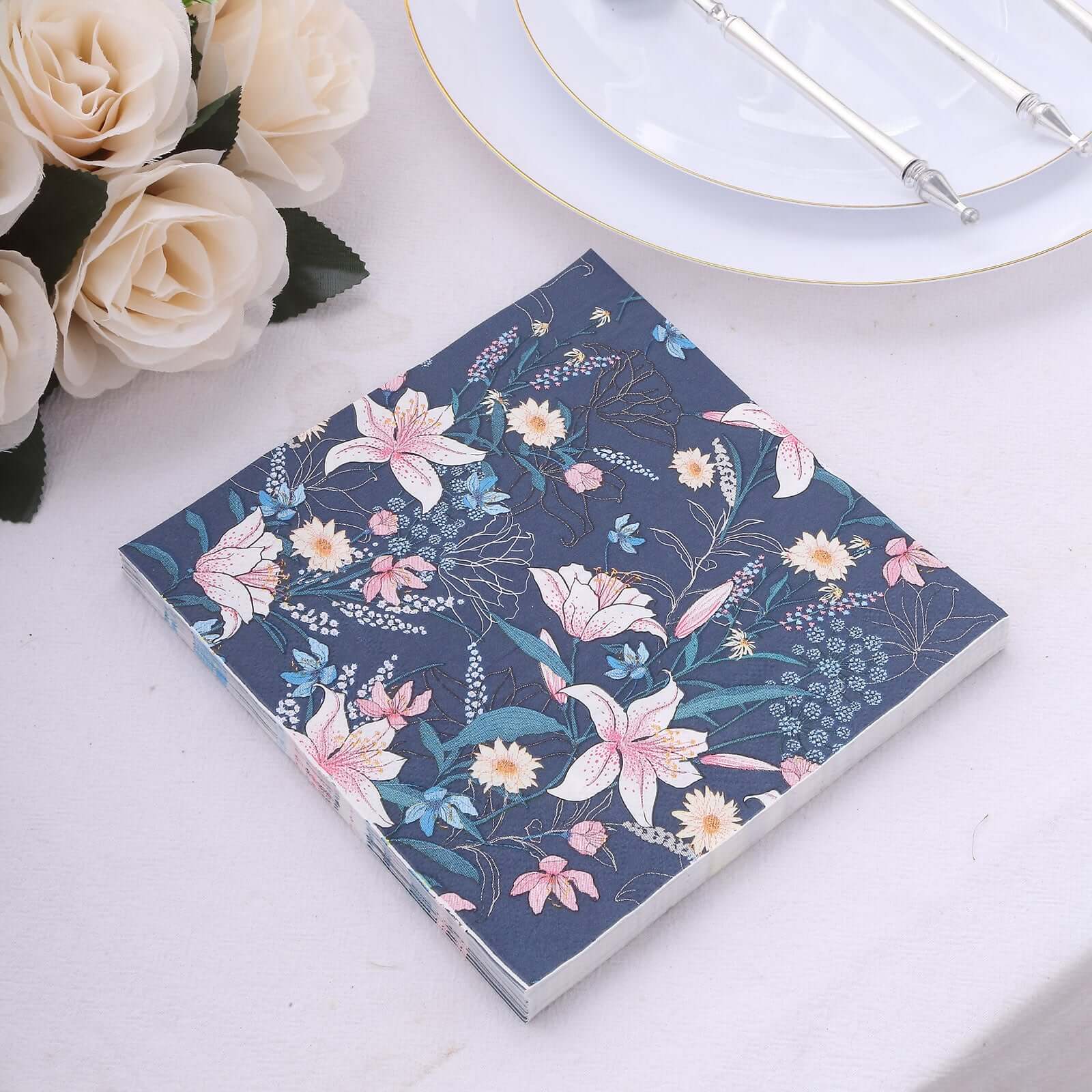 20-Pack Paper Beverage Napkins 2 Ply Navy Blue with Water Lily Floral Design 6.5"x6.5" - Soft 2-Ply Disposable Beverage Napkins 18GSM