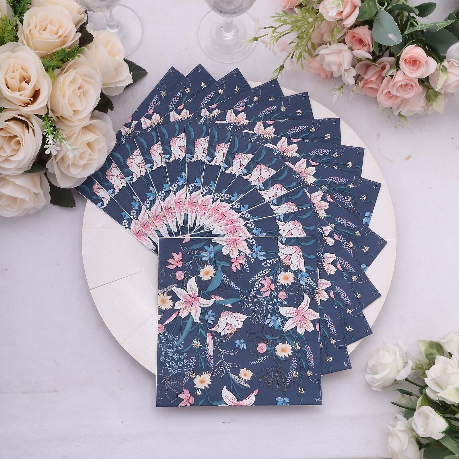 20-Pack Paper Beverage Napkins 2 Ply Navy Blue with Water Lily Floral Design 6.5"x6.5" - Soft 2-Ply Disposable Beverage Napkins 18GSM - Image 11