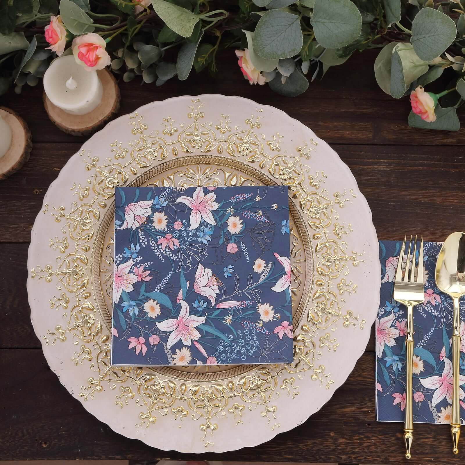 20-Pack Paper Beverage Napkins 2 Ply Navy Blue with Water Lily Floral Design 6.5"x6.5" - Soft 2-Ply Disposable Beverage Napkins 18GSM - Image 2