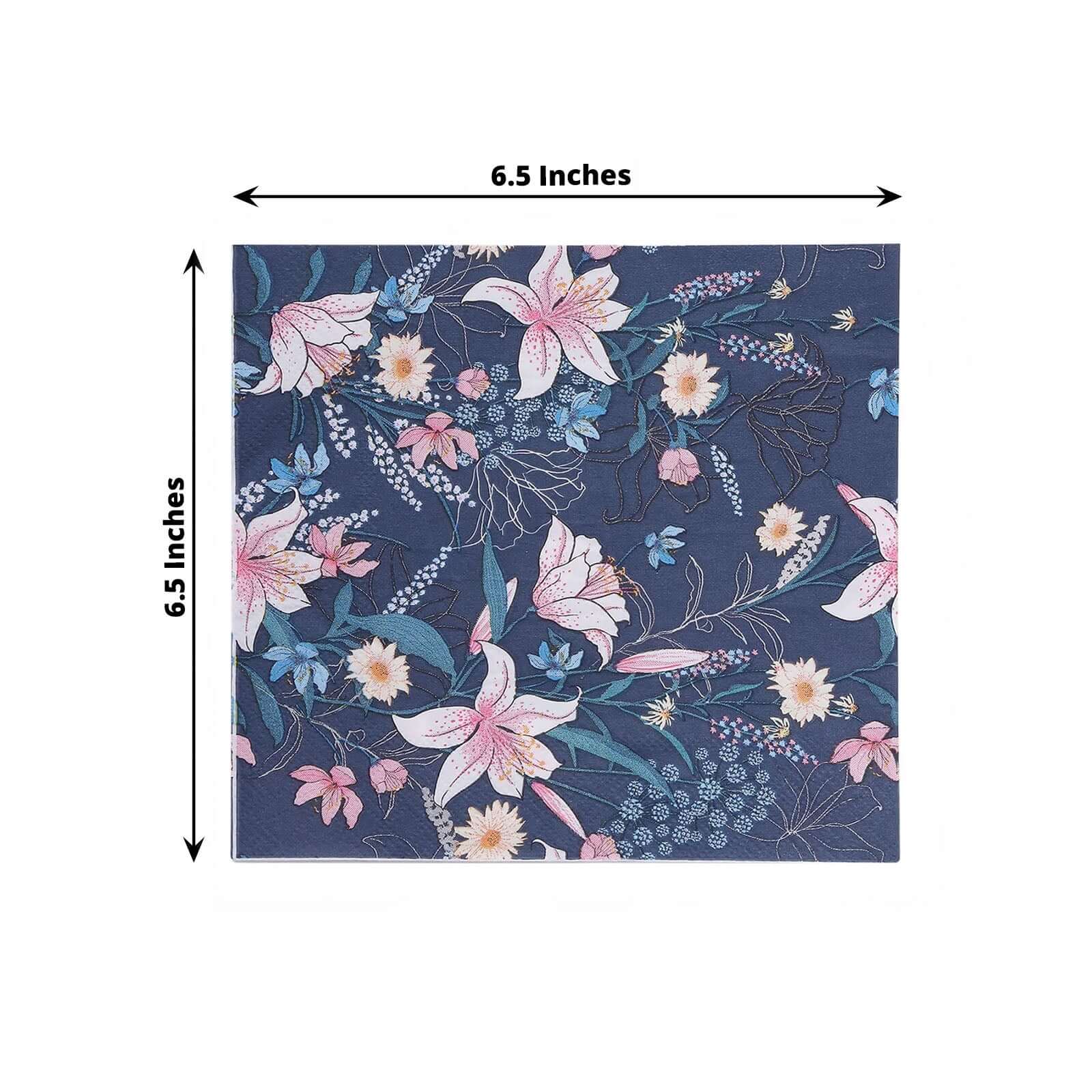 20-Pack Paper Beverage Napkins 2 Ply Navy Blue with Water Lily Floral Design 6.5"x6.5" - Soft 2-Ply Disposable Beverage Napkins 18GSM - Image 3