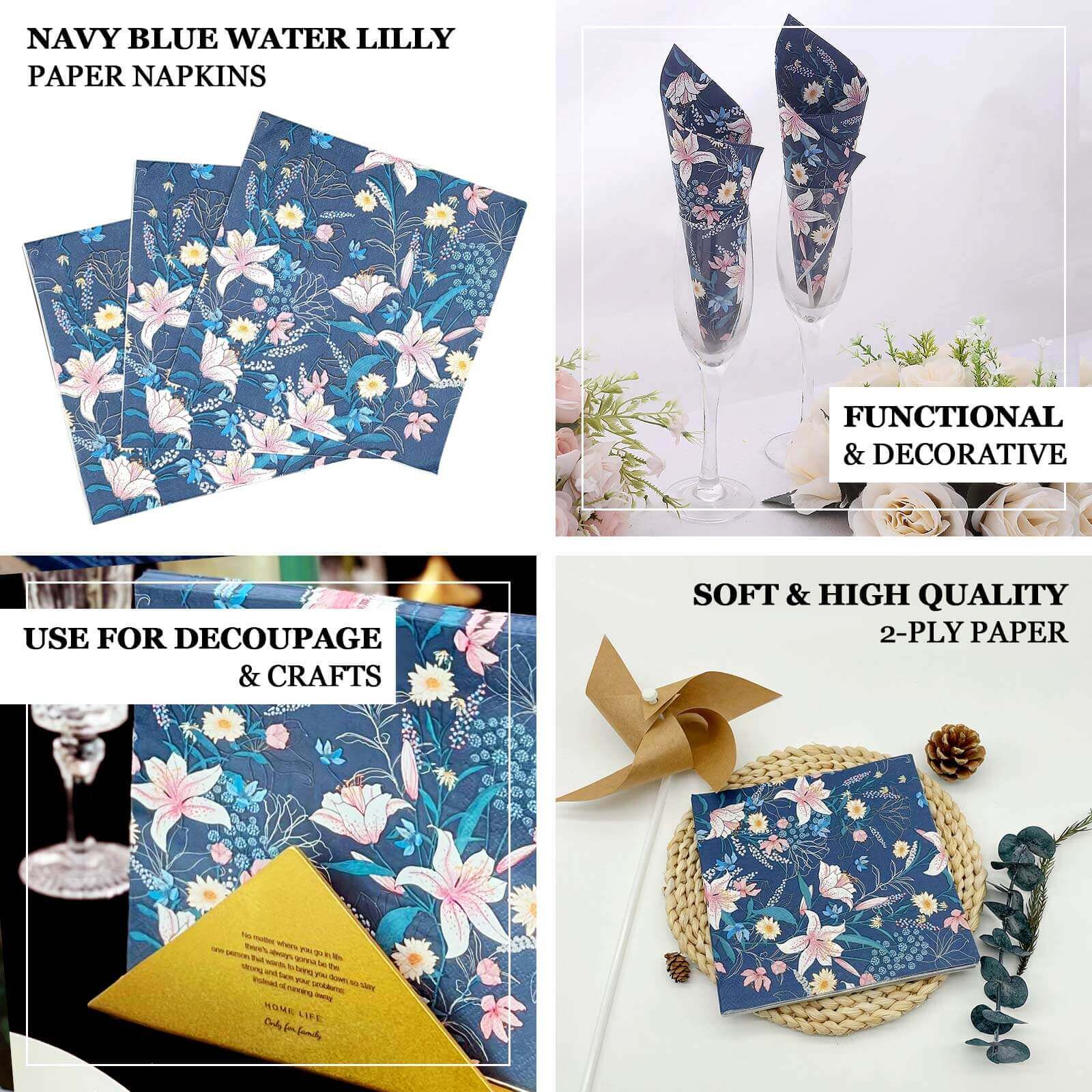 20-Pack Paper Beverage Napkins 2 Ply Navy Blue with Water Lily Floral Design 6.5"x6.5" - Soft 2-Ply Disposable Beverage Napkins 18GSM - Image 4