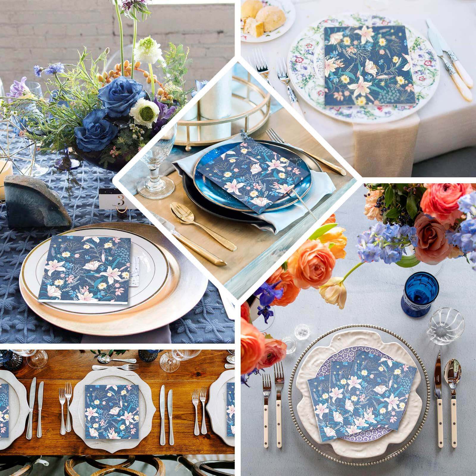 20-Pack Paper Beverage Napkins 2 Ply Navy Blue with Water Lily Floral Design 6.5"x6.5" - Soft 2-Ply Disposable Beverage Napkins 18GSM - Image 5