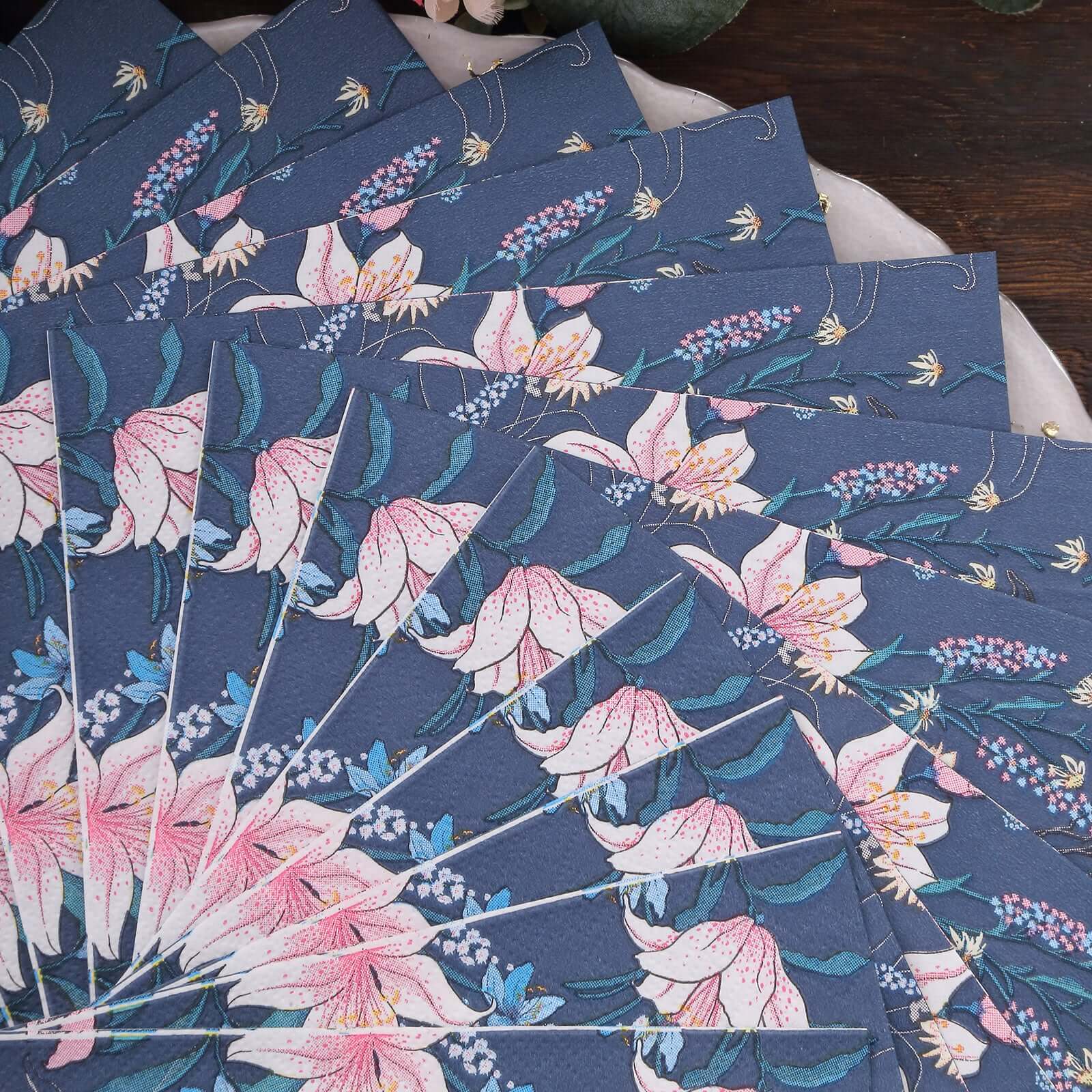 20-Pack Paper Beverage Napkins 2 Ply Navy Blue with Water Lily Floral Design 6.5"x6.5" - Soft 2-Ply Disposable Beverage Napkins 18GSM - Image 9