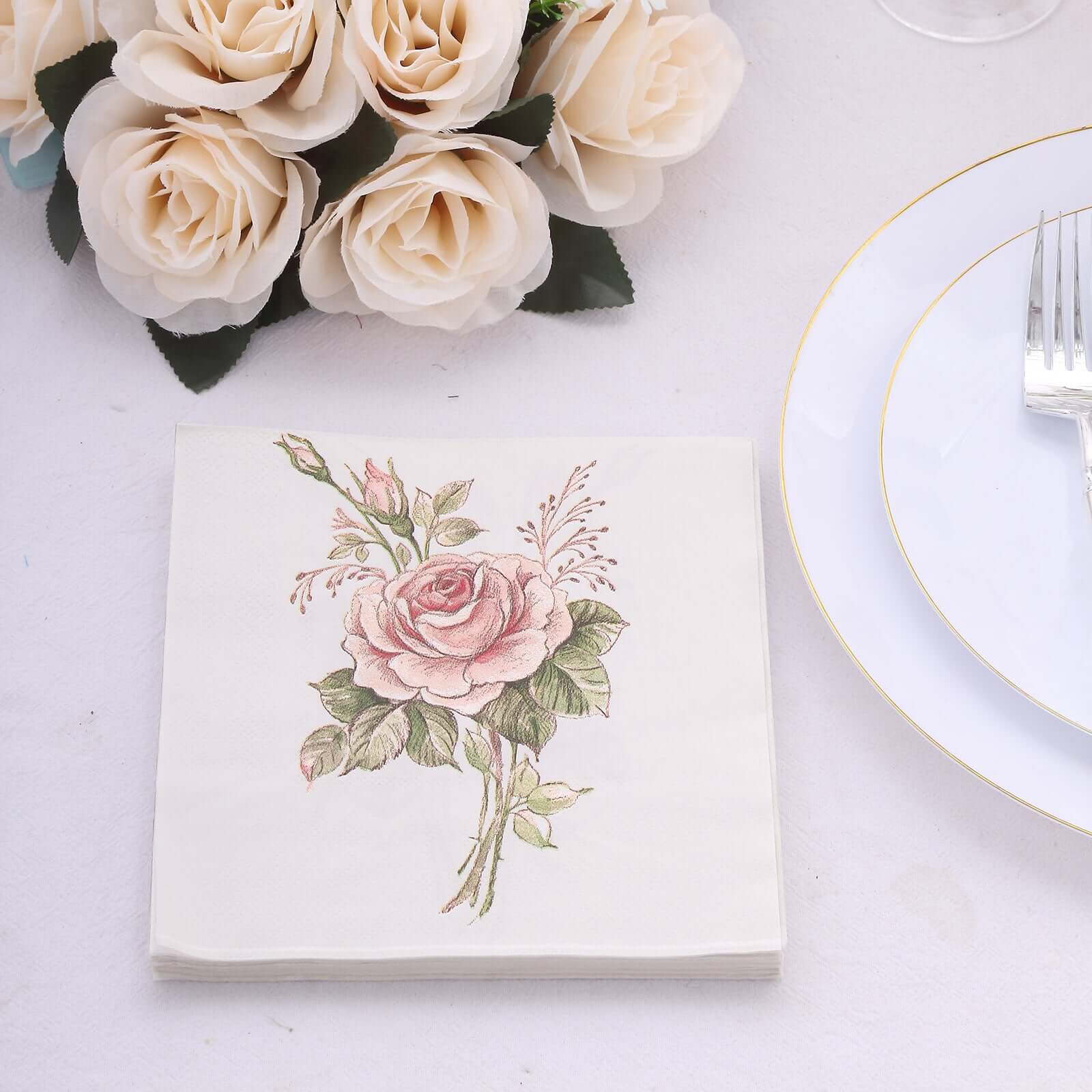 20-Pack Paper Beverage Napkins 2 Ply Pink/Ivory with Vintage Rose Design 6.5"x6.5" - Stylish Garden Party Cocktail Napkins 18GSM - Image 4