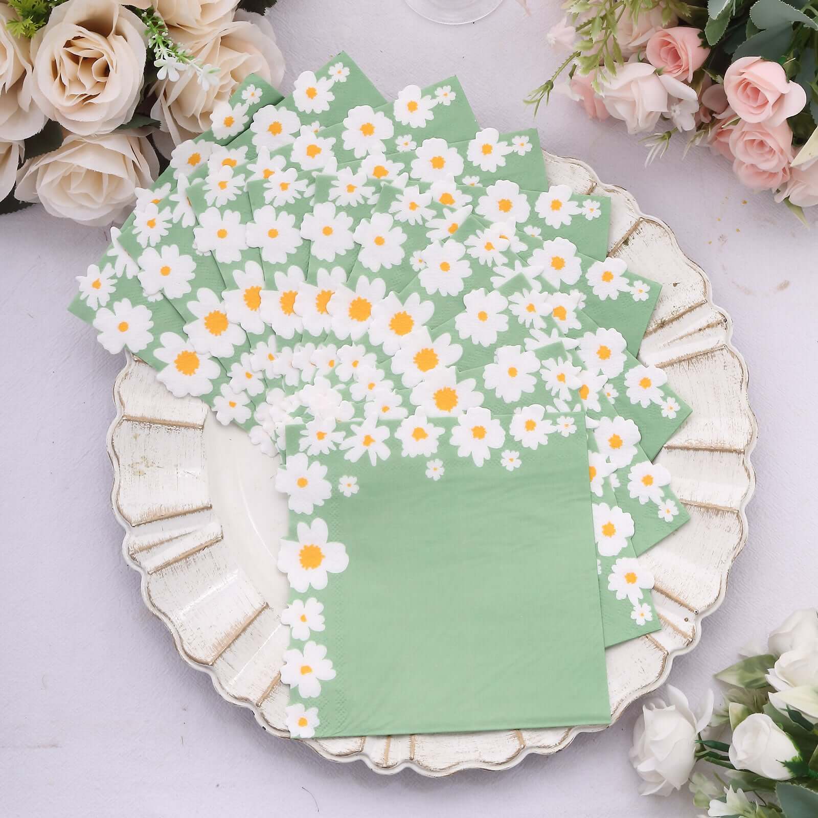 20-Pack Paper Beverage Napkins 2 Ply Sage Green with Daisy Flower Design 6.5"x6.5" - Soft 2-Ply Disposable Beverage Napkins 18GSM - Image 11