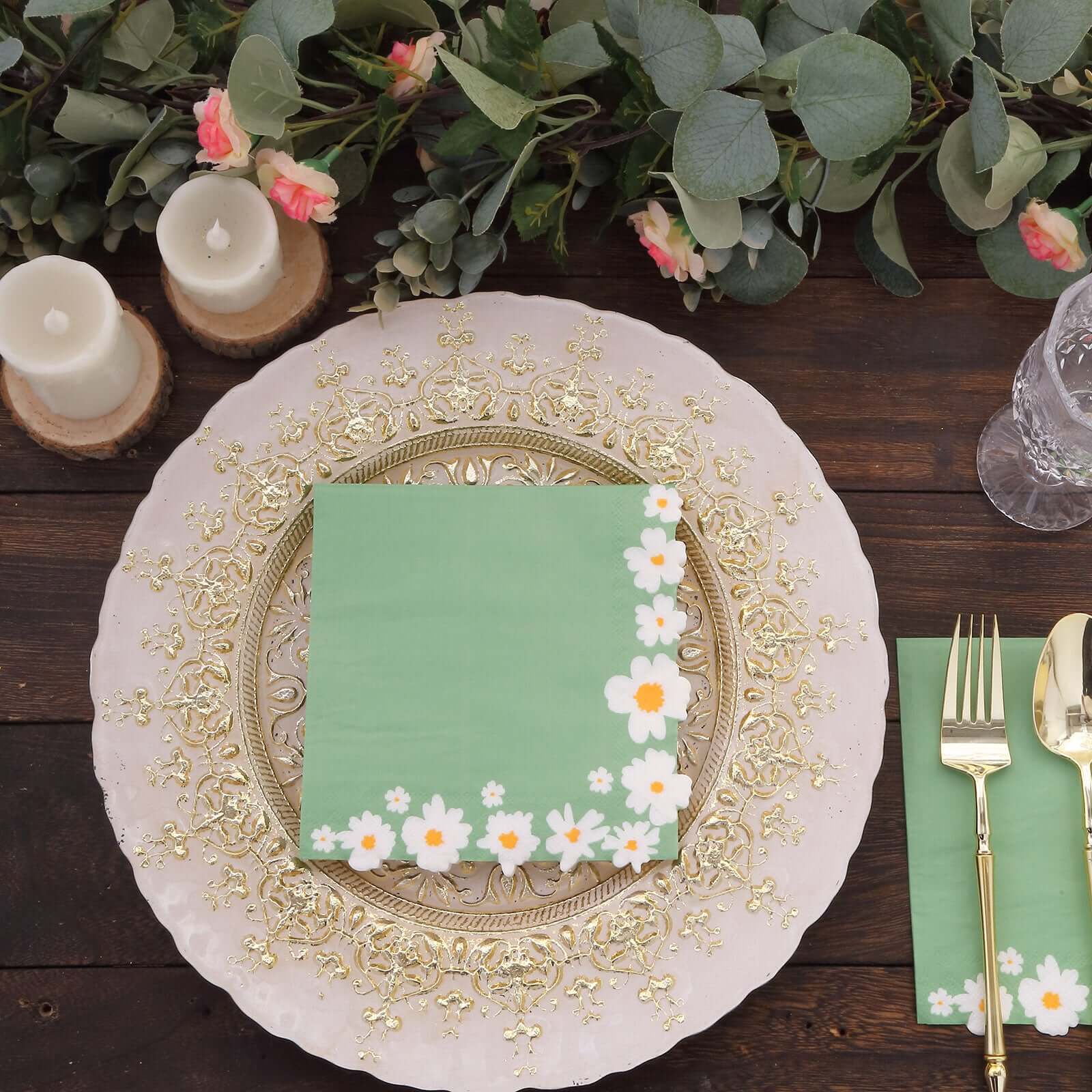 20-Pack Paper Beverage Napkins 2 Ply Sage Green with Daisy Flower Design 6.5"x6.5" - Soft 2-Ply Disposable Beverage Napkins 18GSM - Image 2