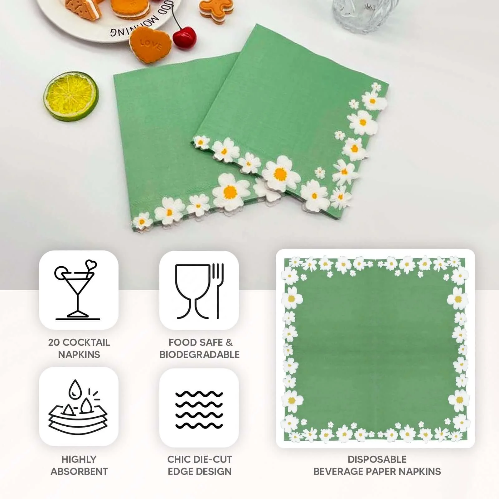 20-Pack Paper Beverage Napkins 2 Ply Sage Green with Daisy Flower Design 6.5"x6.5" - Soft 2-Ply Disposable Beverage Napkins 18GSM - Image 4