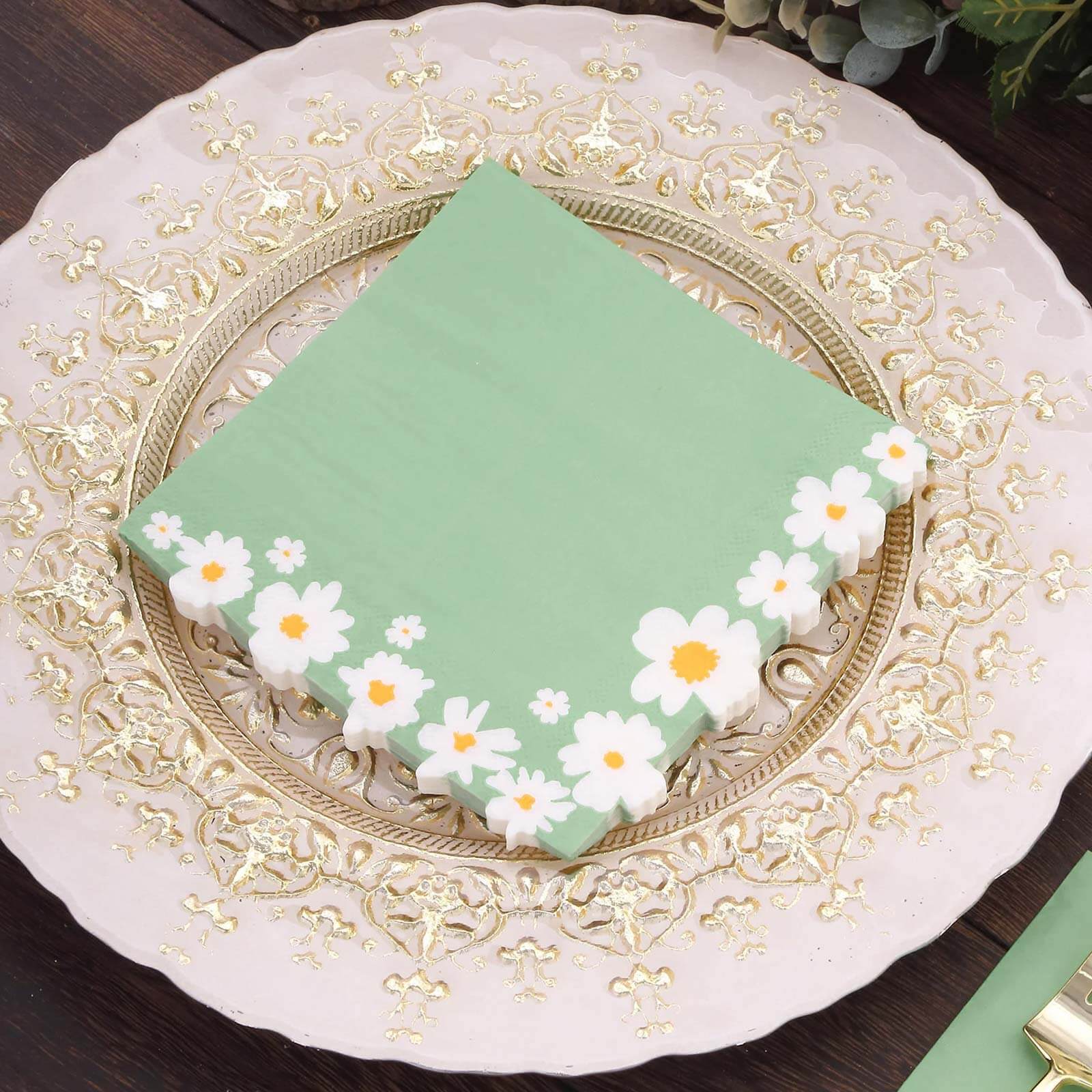 20-Pack Paper Beverage Napkins 2 Ply Sage Green with Daisy Flower Design 6.5"x6.5" - Soft 2-Ply Disposable Beverage Napkins 18GSM - Image 6