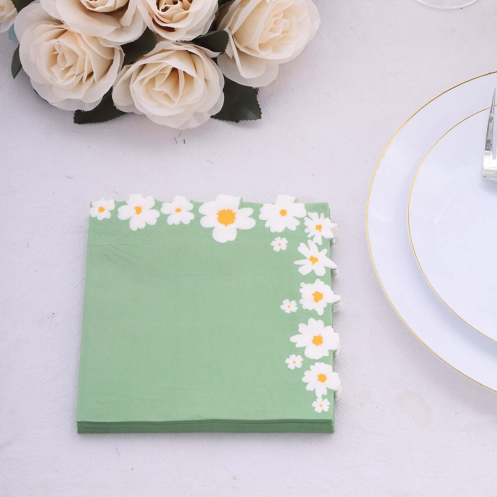 20-Pack Paper Beverage Napkins 2 Ply Sage Green with Daisy Flower Design 6.5"x6.5" - Soft 2-Ply Disposable Beverage Napkins 18GSM - Image 8