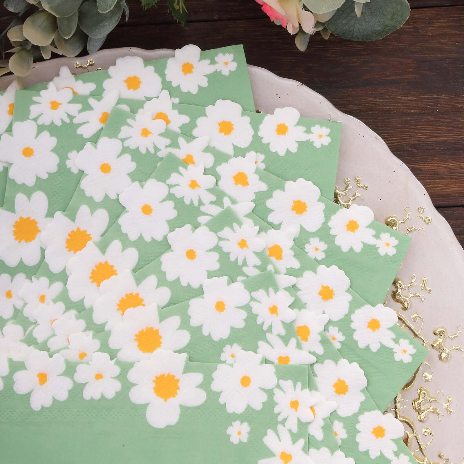 20-Pack Paper Beverage Napkins 2 Ply Sage Green with Daisy Flower Design 6.5"x6.5" - Soft 2-Ply Disposable Beverage Napkins 18GSM - Image 9