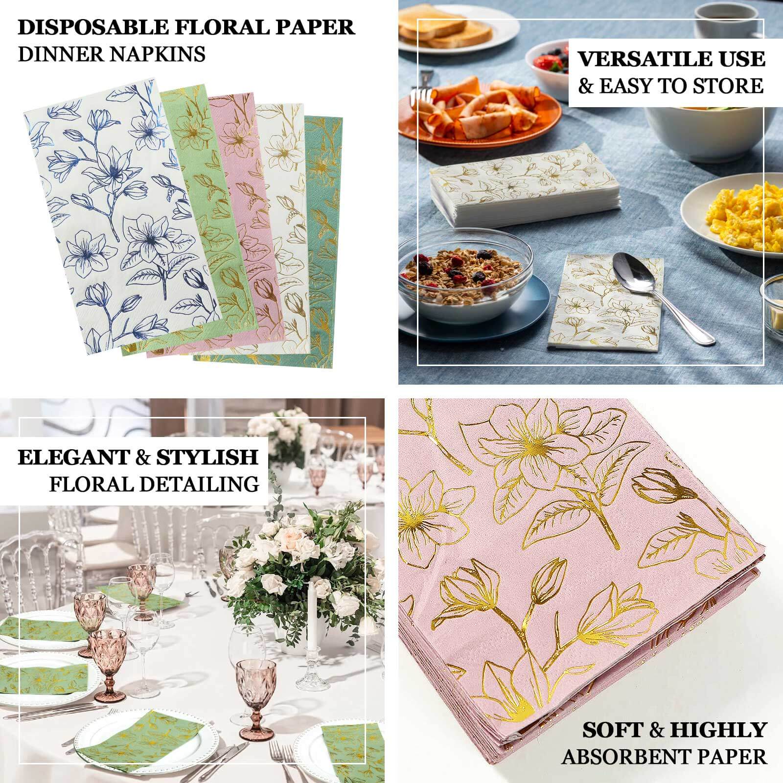 50-Pack Paper Dinner Napkins 2-Ply Dusty Sage Green with Gold Magnolia Flowers Print - Soft and Highly Absorbent Party Napkins - Image 4