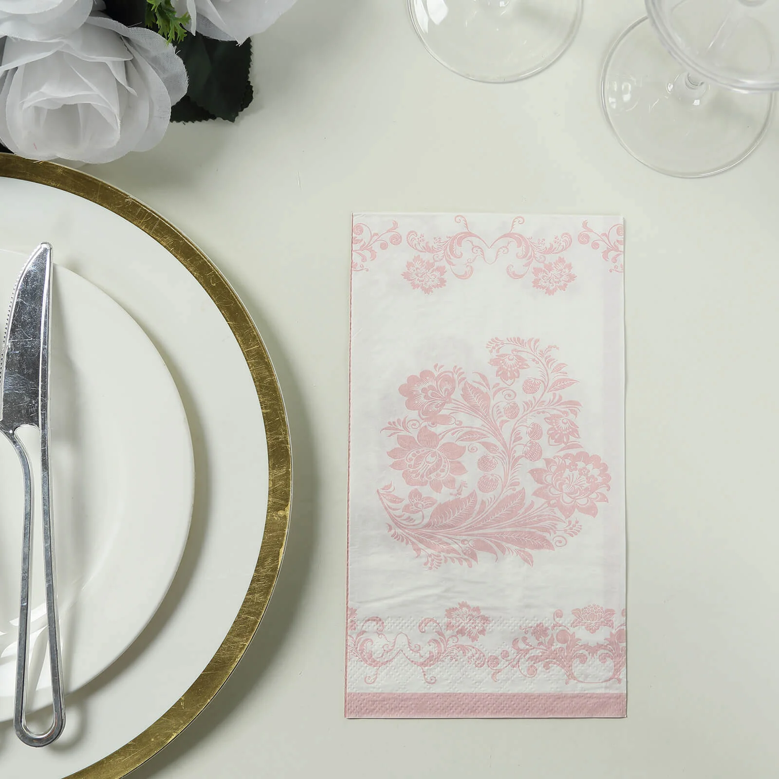 50-Pack Paper Dinner Napkins 2-Ply White with Pink Damask Floral Pattern - Soft and Absorbent Disposable Napkins - Image 2