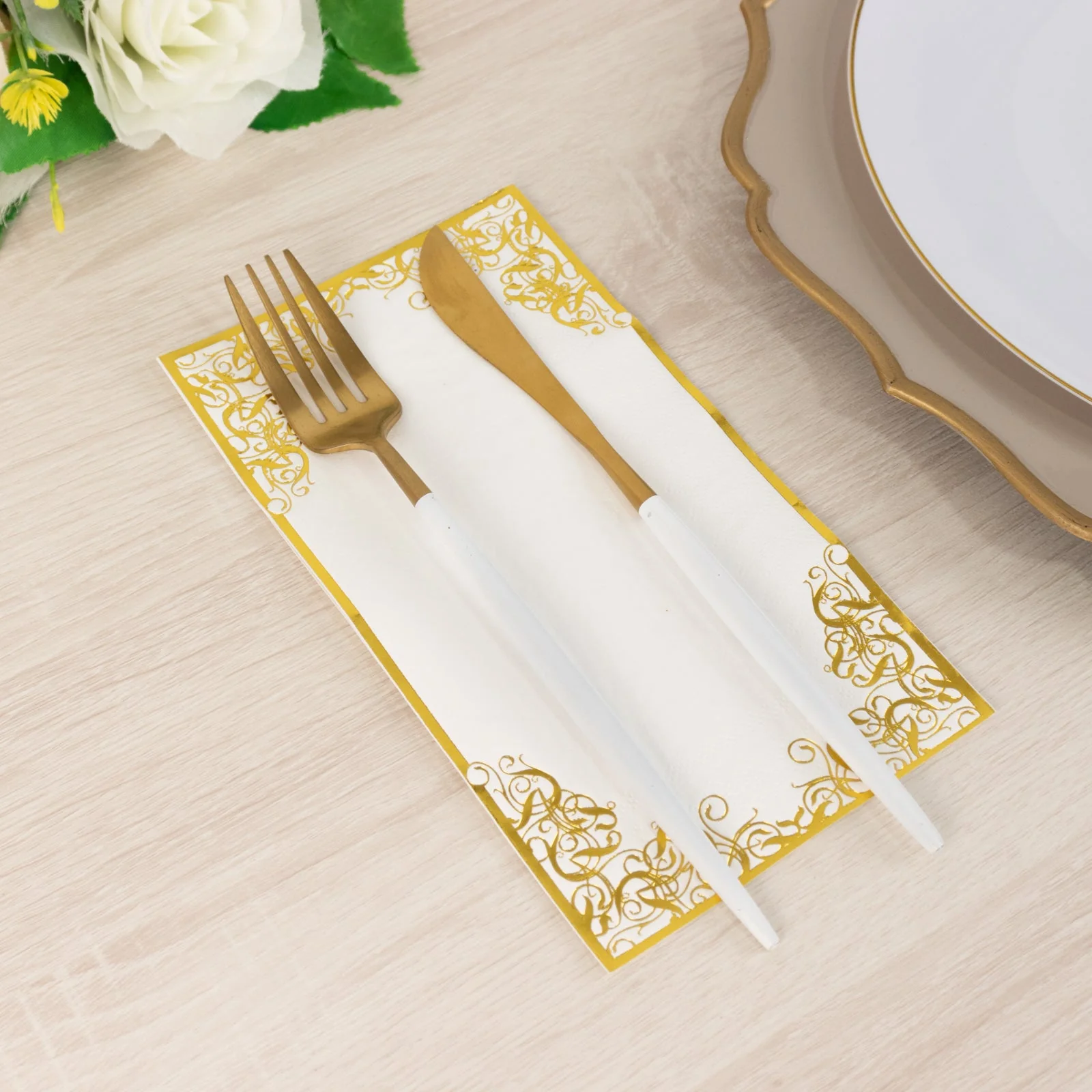 50-Pack Paper Dinner Napkins 8"x4" White with Gold Foil Lace Design - Soft 2 Ply European Style Napkins - Image 3