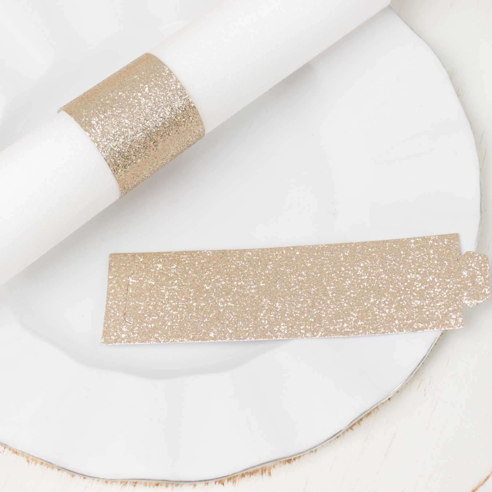50-Pack Paper Napkin Rings 1.5" Beige Glitter - Disposable Napkin Holders for Parties