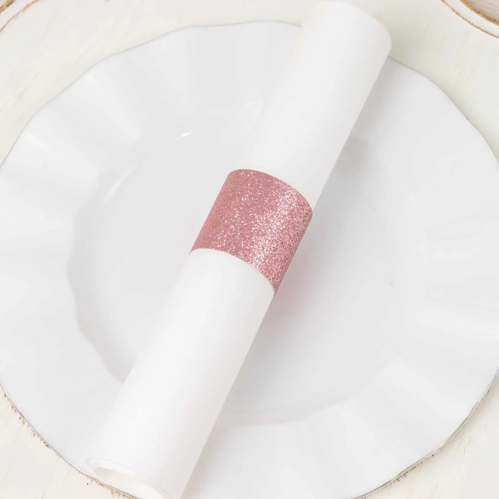 50-Pack Paper Napkin Rings 1.5" Rose Gold Glitter - Disposable Napkin Holders for Parties - Image 2