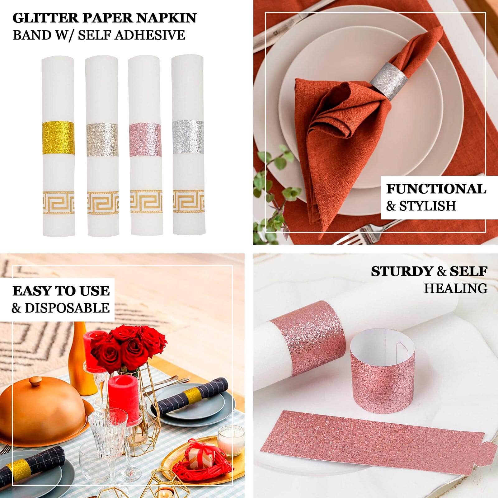 50-Pack Paper Napkin Rings 1.5" Rose Gold Glitter - Disposable Napkin Holders for Parties - Image 4