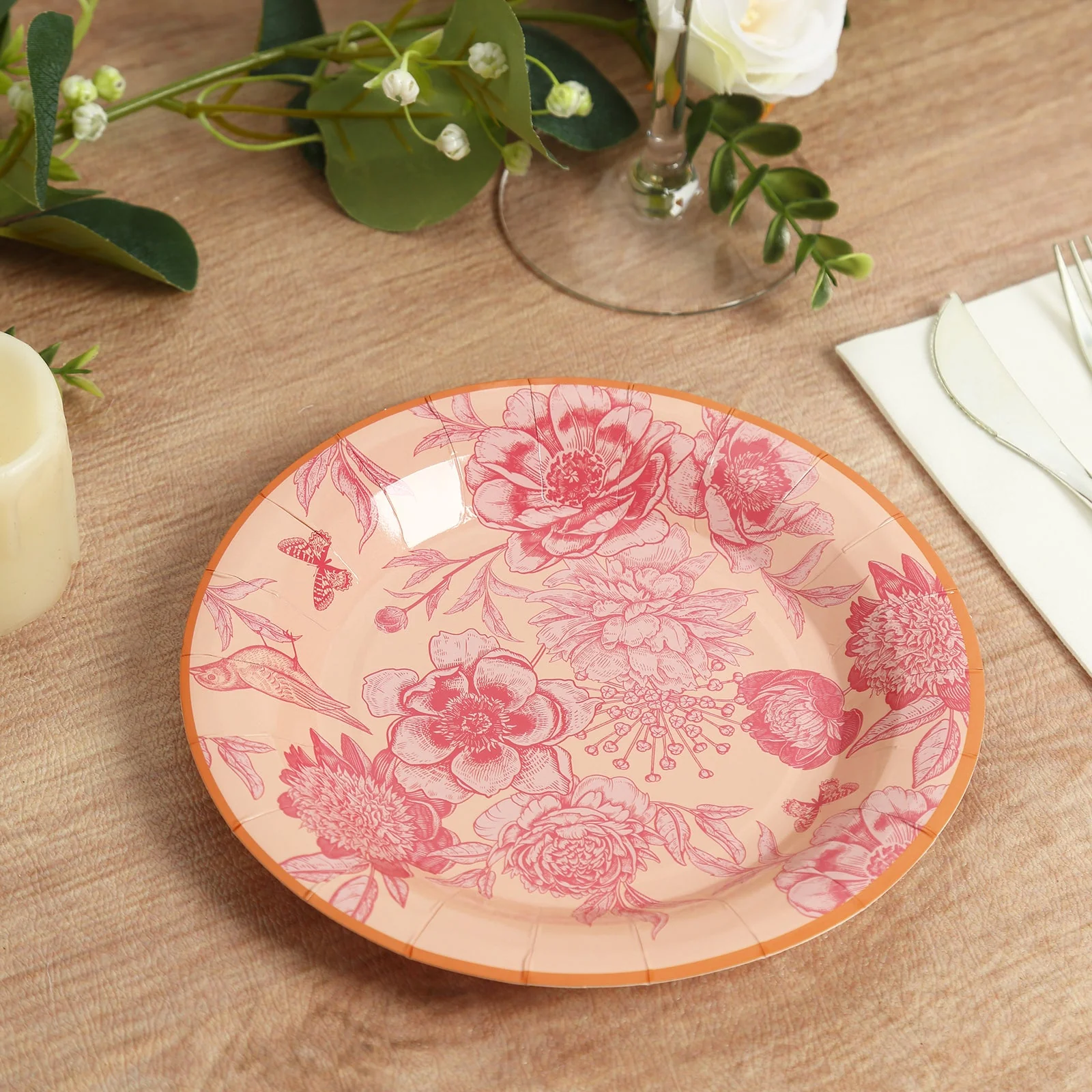 50-Pack Paper Round Dessert and Dinner Plates 7", 9" Dusty Rose Spring Floral Print with Gold Rim - Heavy Duty Disposable Party Plates Set for Garden Weddings & Chic Brunches - Image 4