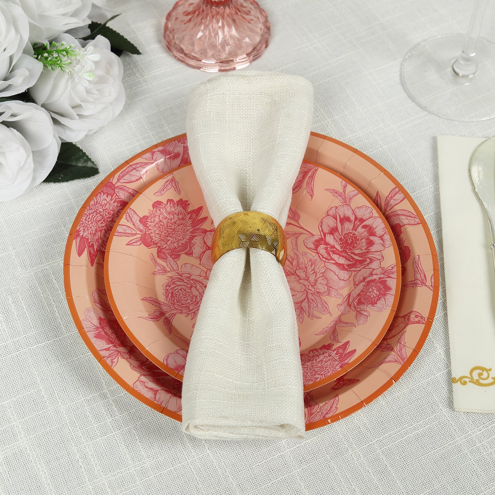 50-Pack Paper Round Dessert and Dinner Plates 7", 9" Dusty Rose Spring Floral Print with Gold Rim - Heavy Duty Disposable Party Plates Set for Garden Weddings & Chic Brunches - Image 6