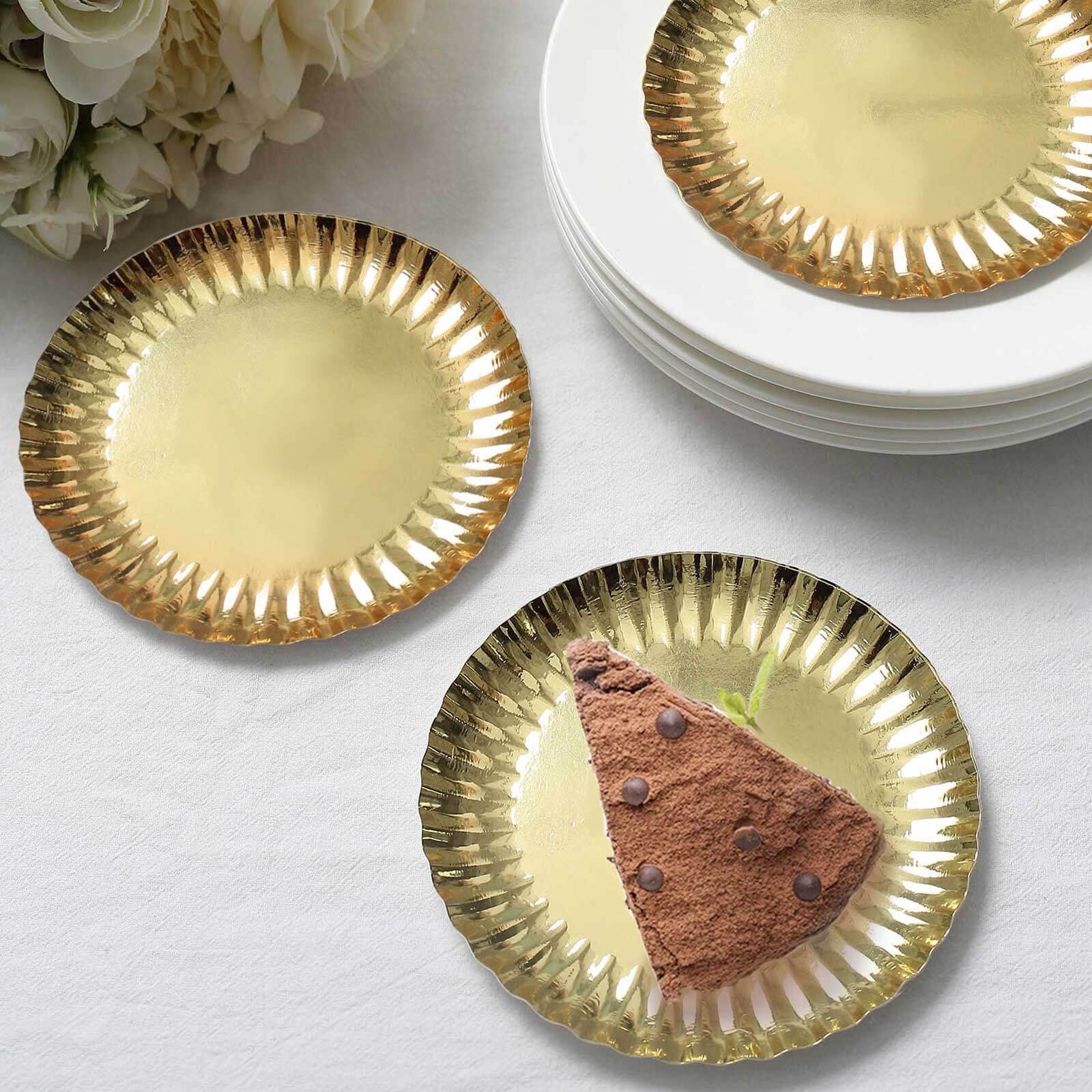 50-Pack Paper Round Dessert Plates 5" Metallic Gold