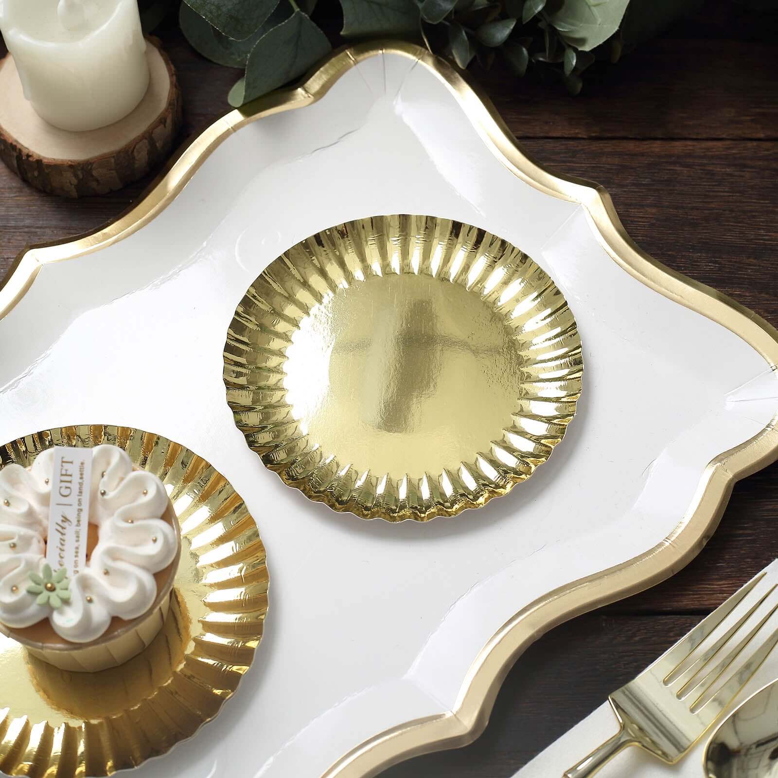 50-Pack Paper Round Dessert Plates 5" Metallic Gold - Image 10