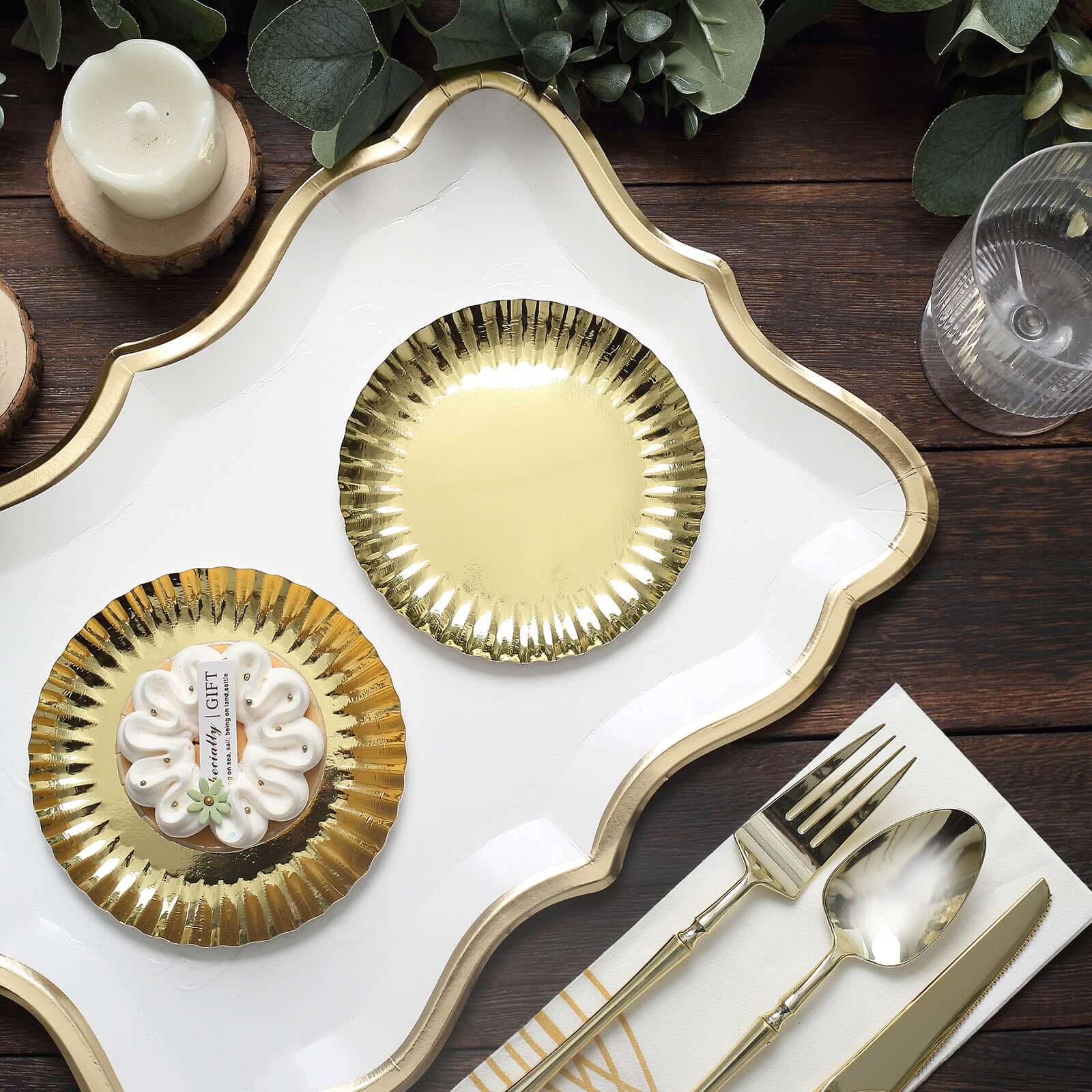 50-Pack Paper Round Dessert Plates 5" Metallic Gold - Image 11
