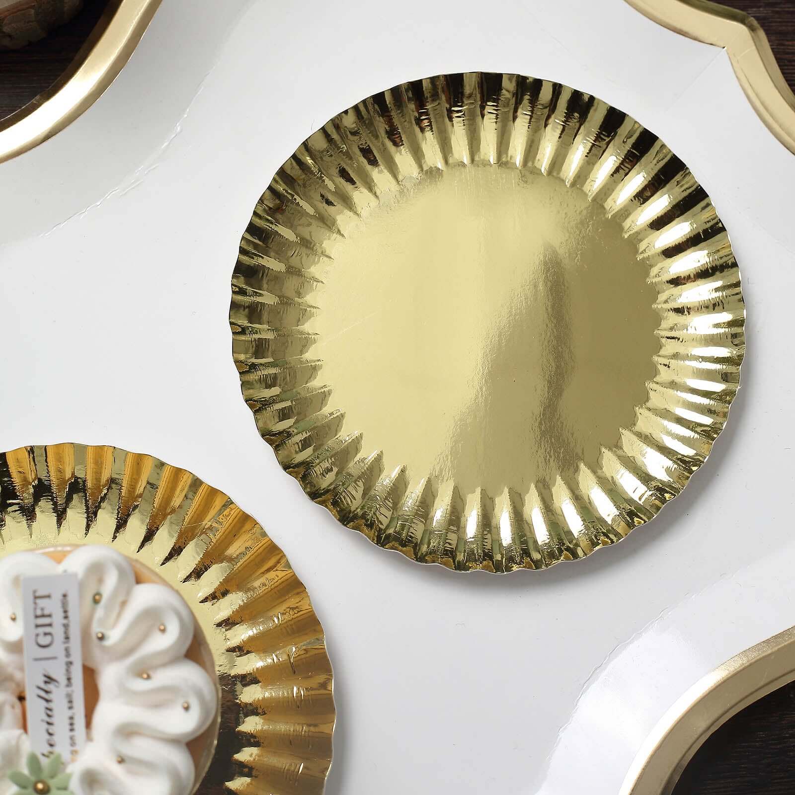 50-Pack Paper Round Dessert Plates 5" Metallic Gold - Image 12