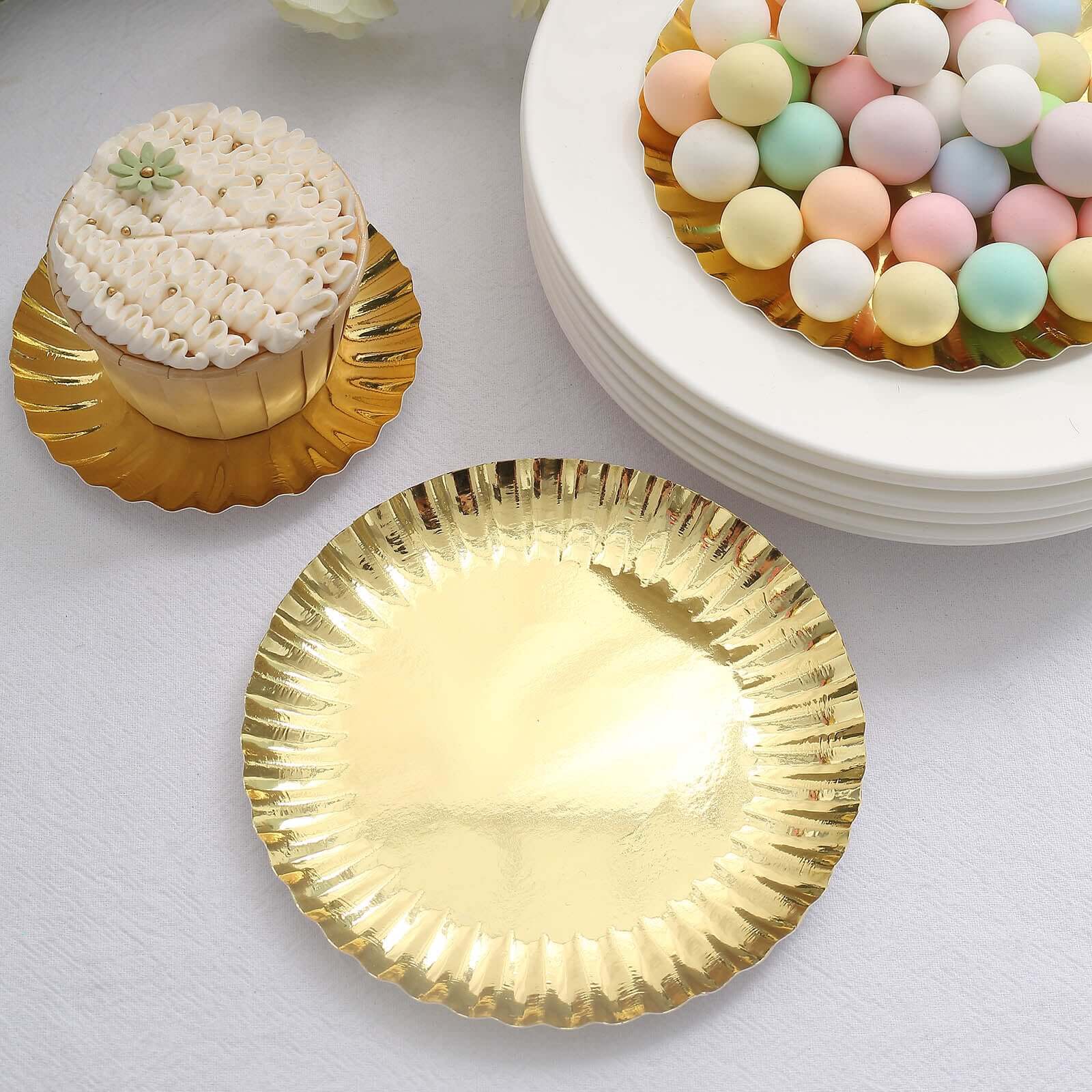 50-Pack Paper Round Dessert Plates 5" Metallic Gold - Image 15