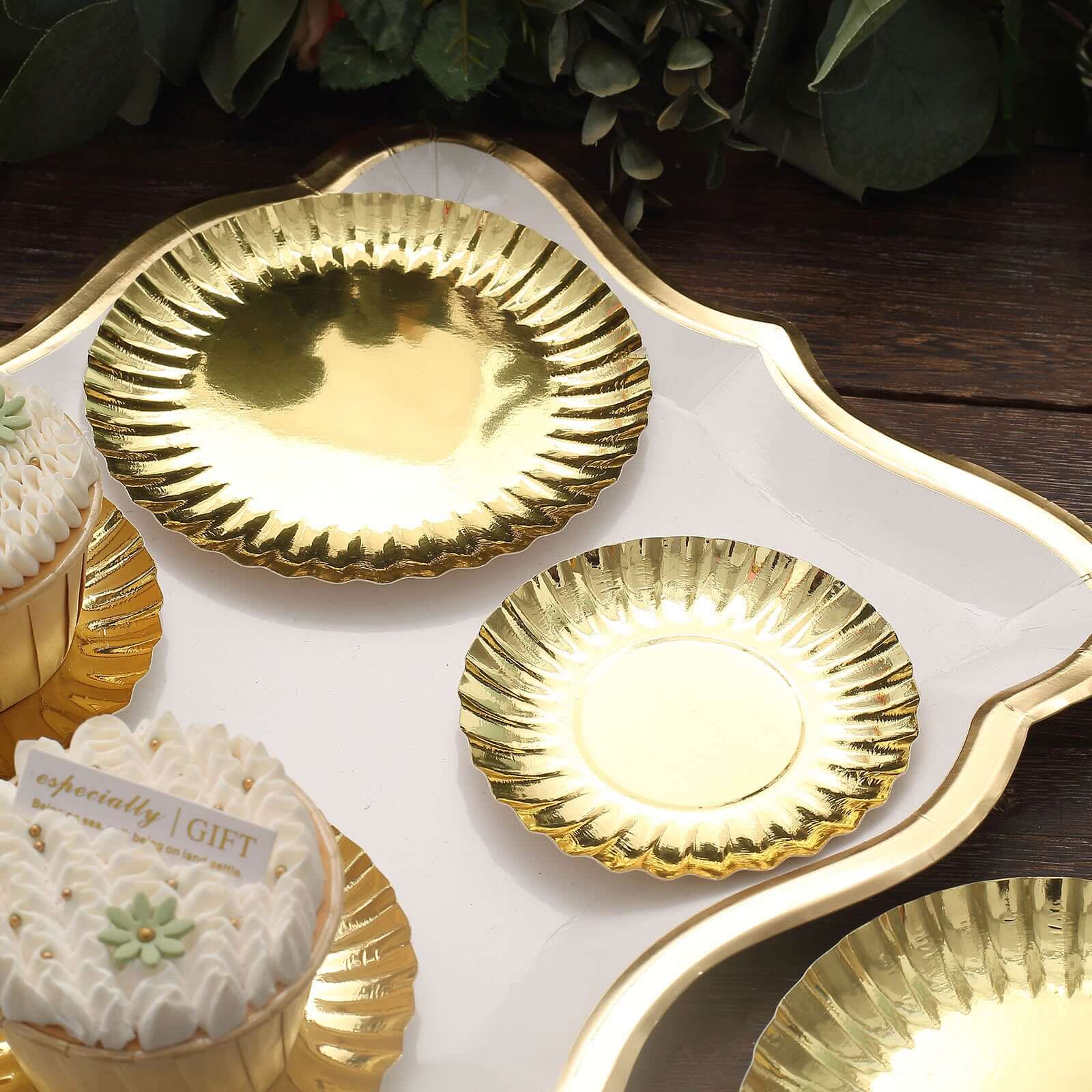 50-Pack Paper Round Dessert Plates 5" Metallic Gold - Image 17