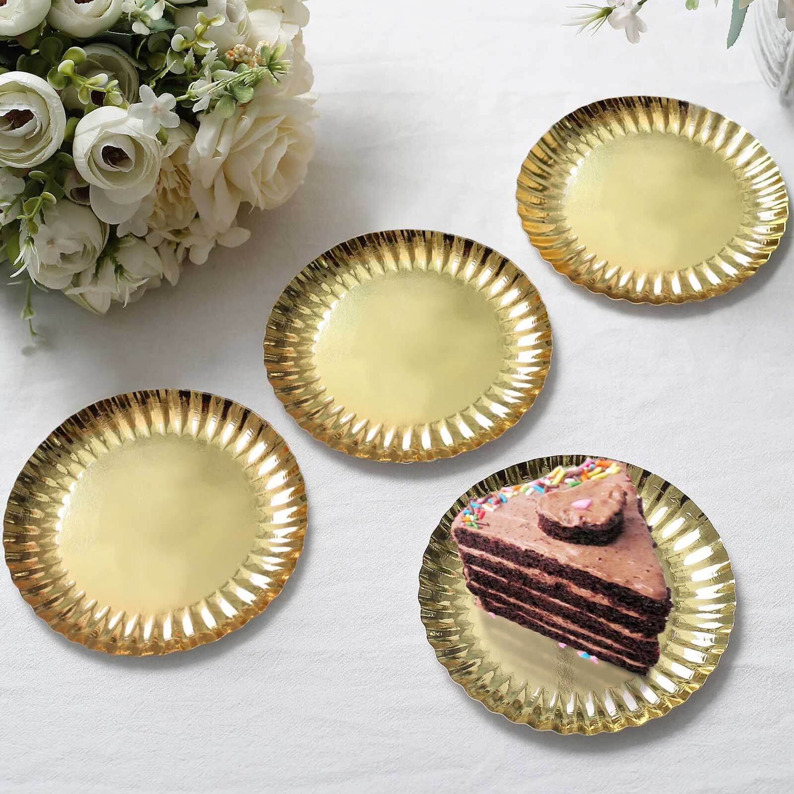 50-Pack Paper Round Dessert Plates 5" Metallic Gold - Image 6