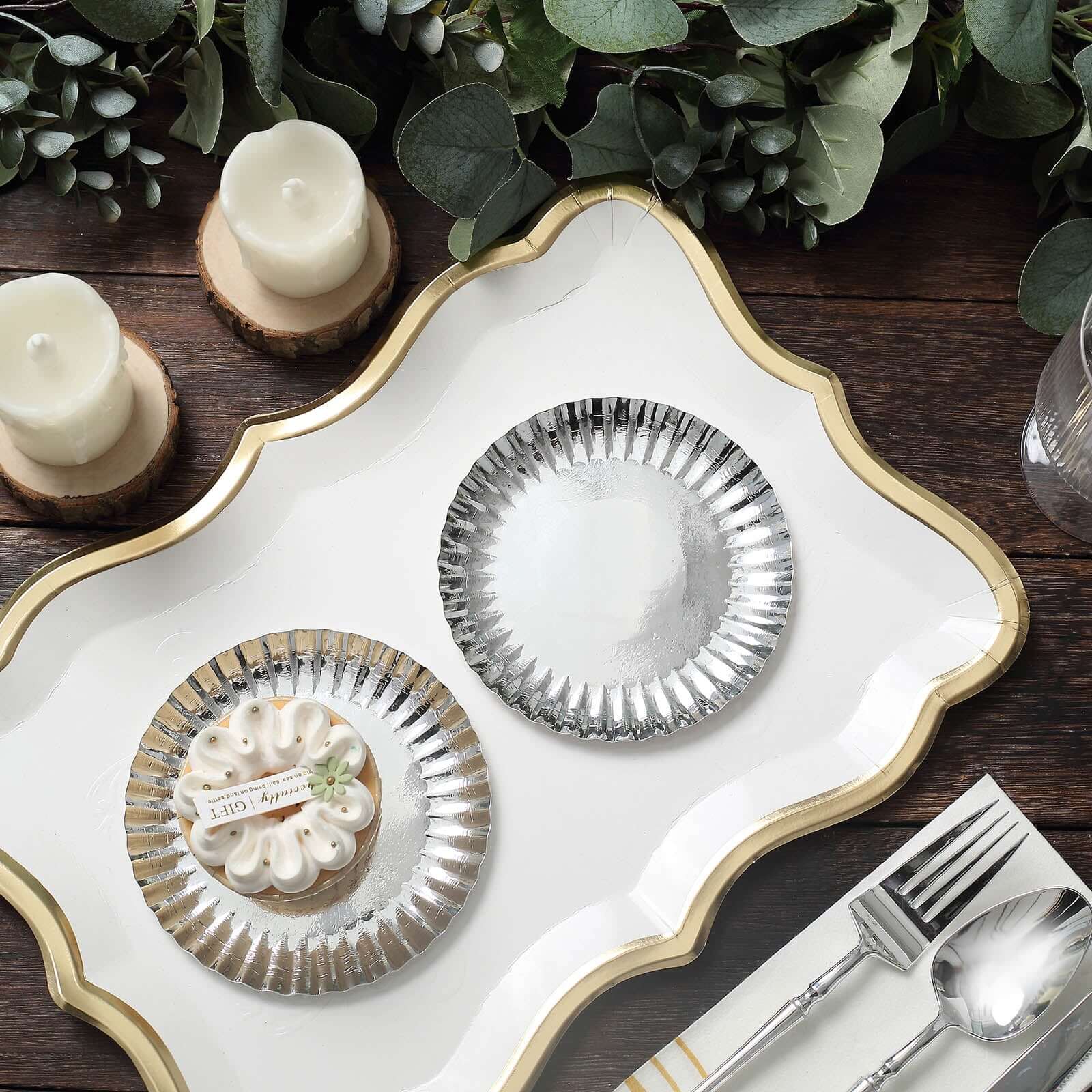 50-Pack Paper Round Dessert Plates 5" Metallic Silver with Scalloped Rim - 250GSM Disposable Appetizer Party Plates - Image 11