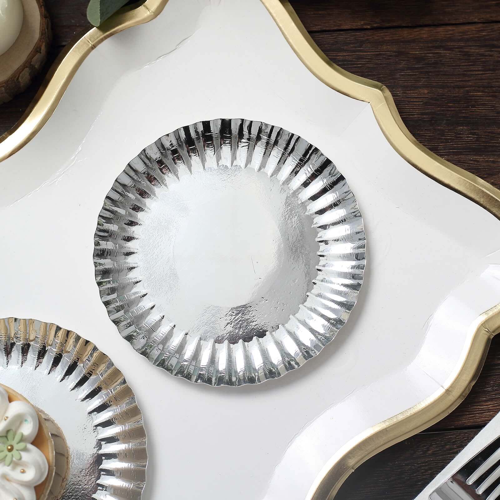 50-Pack Paper Round Dessert Plates 5" Metallic Silver with Scalloped Rim - 250GSM Disposable Appetizer Party Plates - Image 12