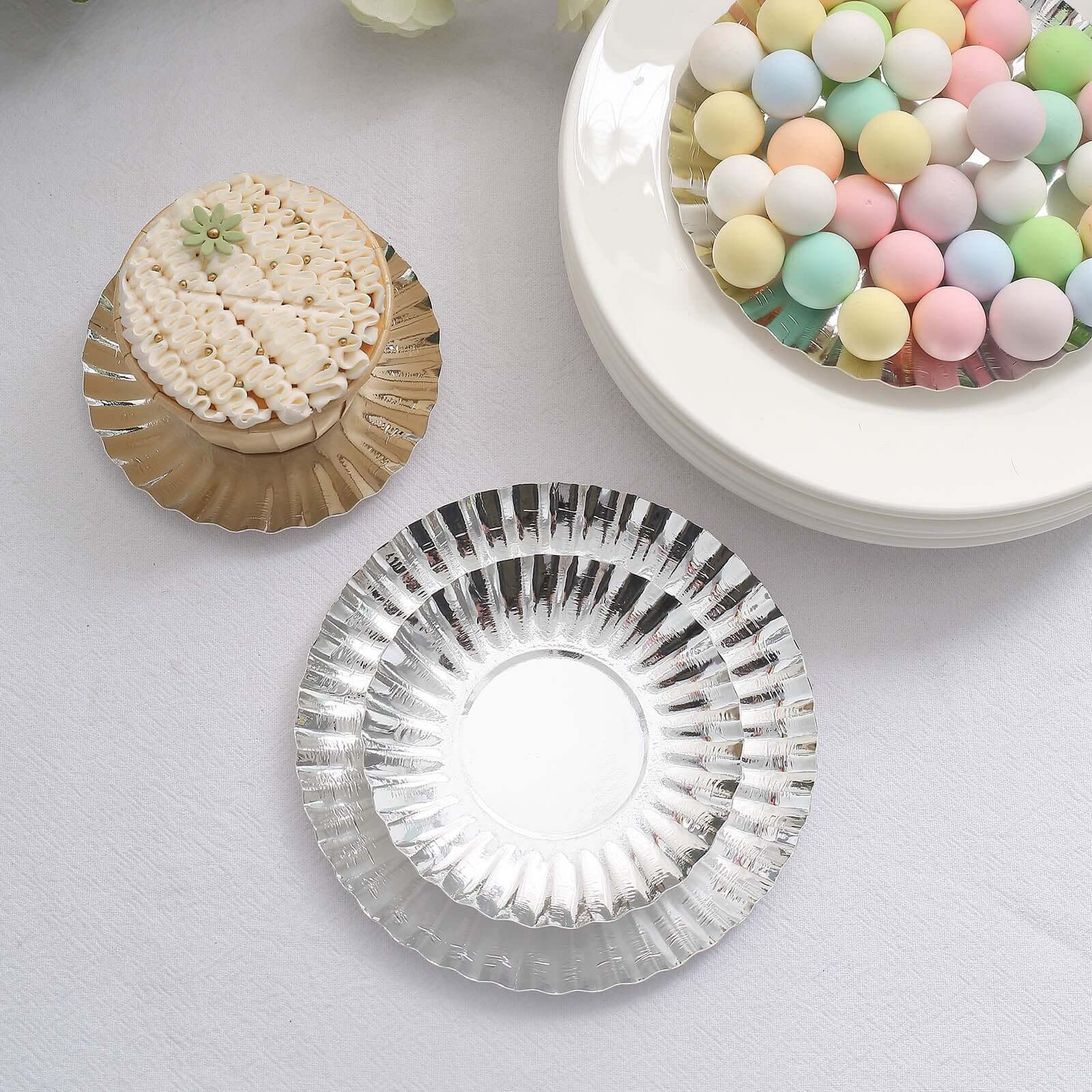 50-Pack Paper Round Dessert Plates 5" Metallic Silver with Scalloped Rim - 250GSM Disposable Appetizer Party Plates - Image 15