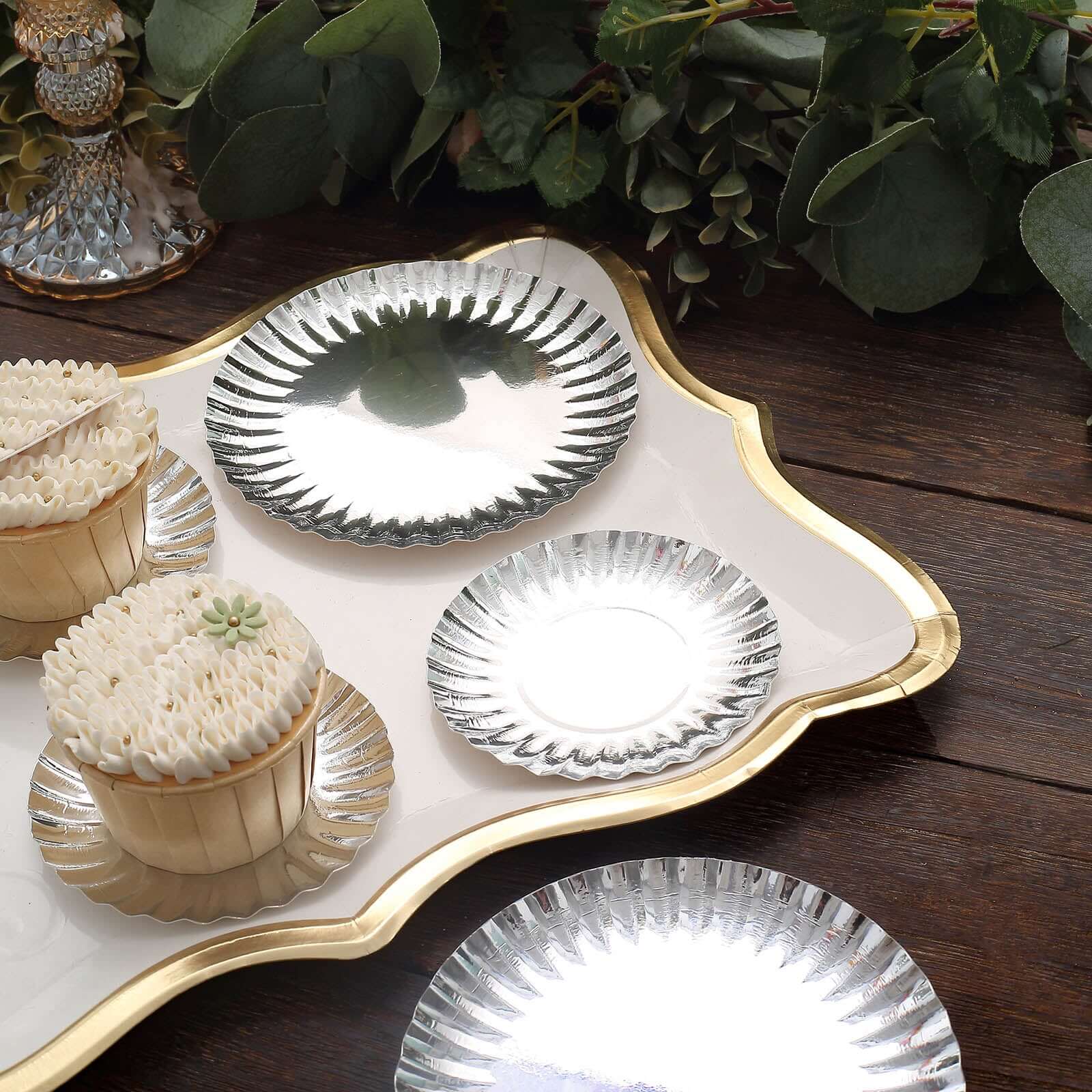 50-Pack Paper Round Dessert Plates 5" Metallic Silver with Scalloped Rim - 250GSM Disposable Appetizer Party Plates - Image 17