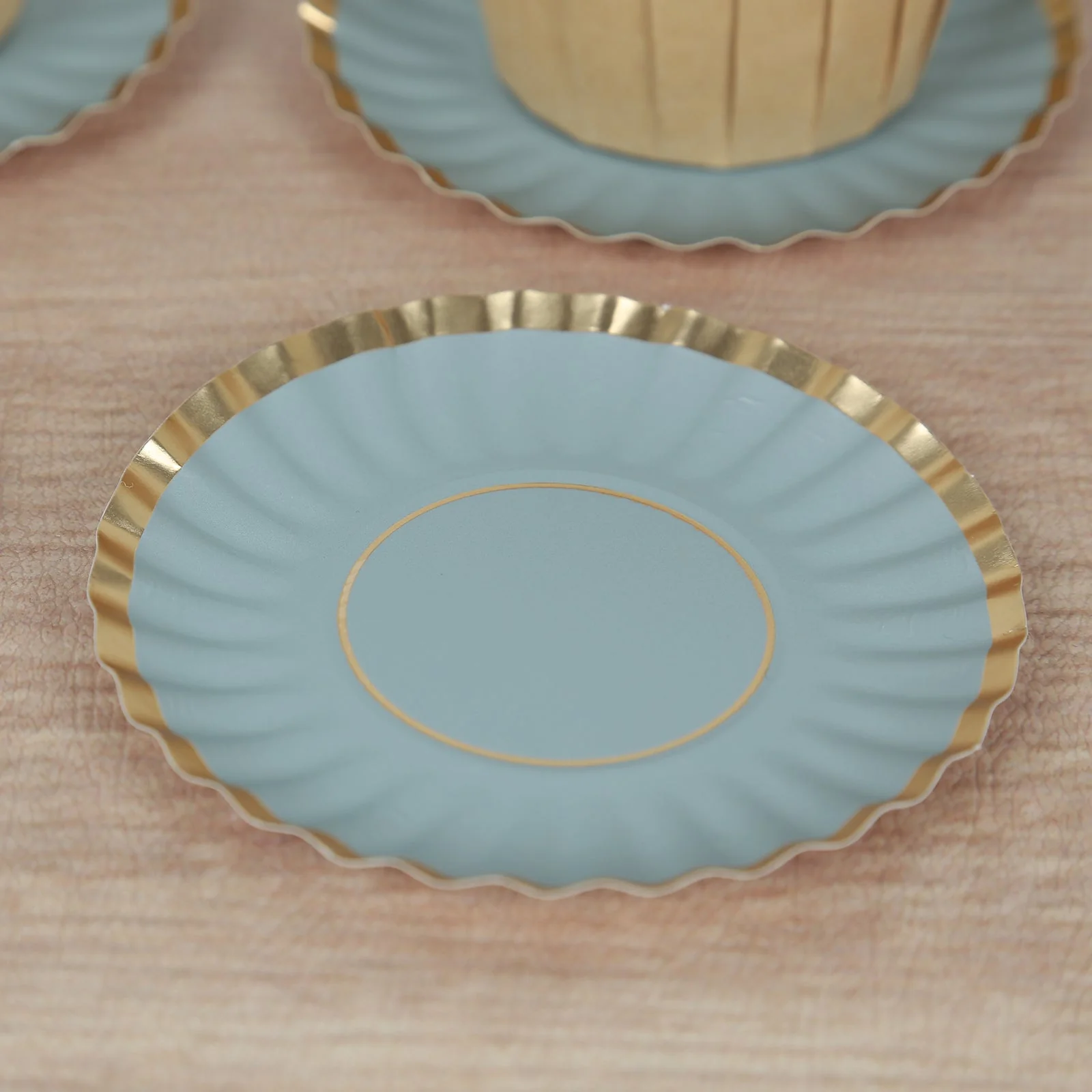 50-Pack Paper Round Party Plates 3.5" Dusty Blue with Gold Scalloped Rim - 250GSM Disposable Mini Dessert Plates - Image 8