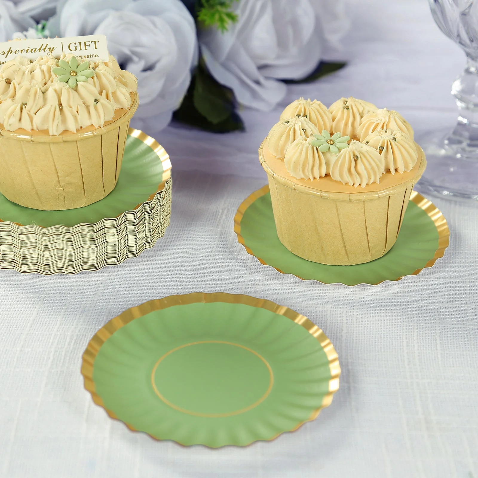50-Pack Paper Round Party Plates 3.5" Dusty Sage Green with Gold Scalloped Rim - 250GSM Disposable Mini Dessert Plates - Image 5