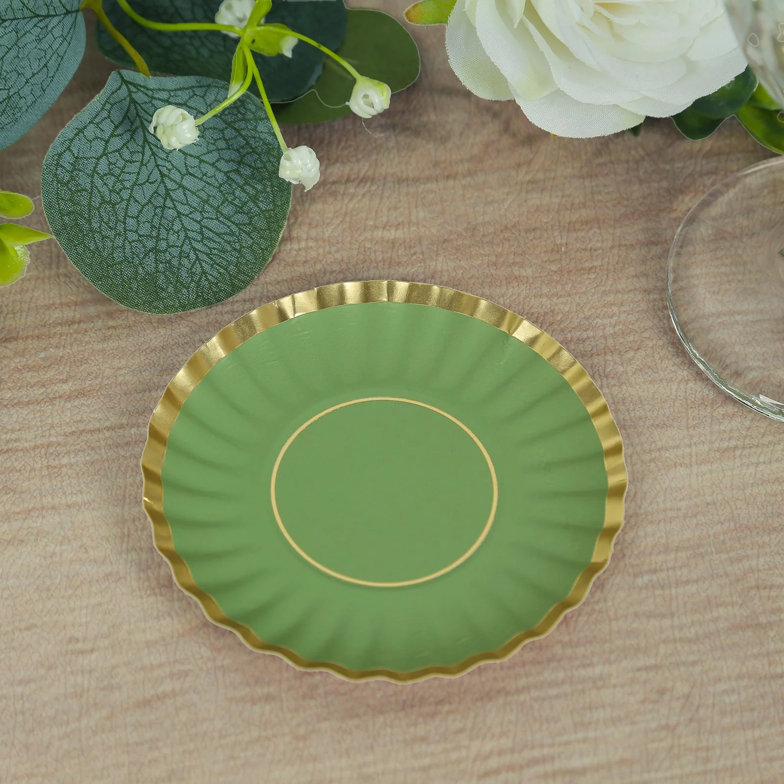 50-Pack Paper Round Party Plates 3.5" Dusty Sage Green with Gold Scalloped Rim - 250GSM Disposable Mini Dessert Plates - Image 9