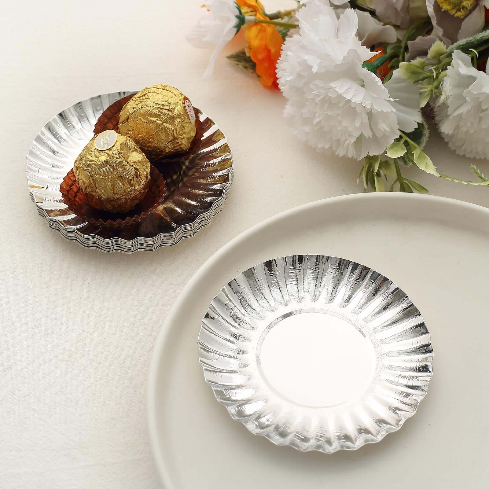 50-Pack Paper Round Party Plates 3.5" Metallic Silver Scalloped Rim - 250GSM Disposable Mini Dessert Plates - Image 10