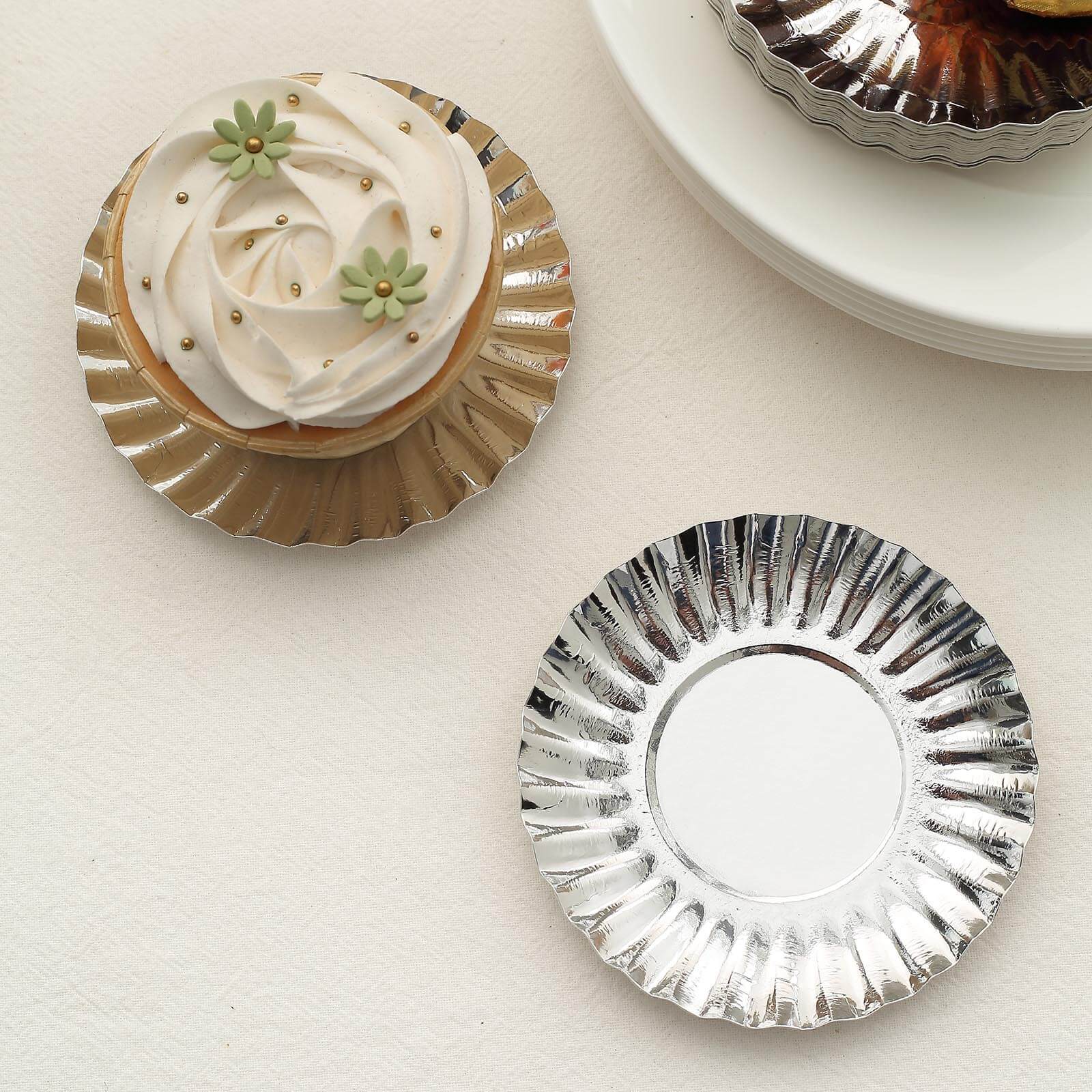 50-Pack Paper Round Party Plates 3.5" Metallic Silver Scalloped Rim - 250GSM Disposable Mini Dessert Plates - Image 11