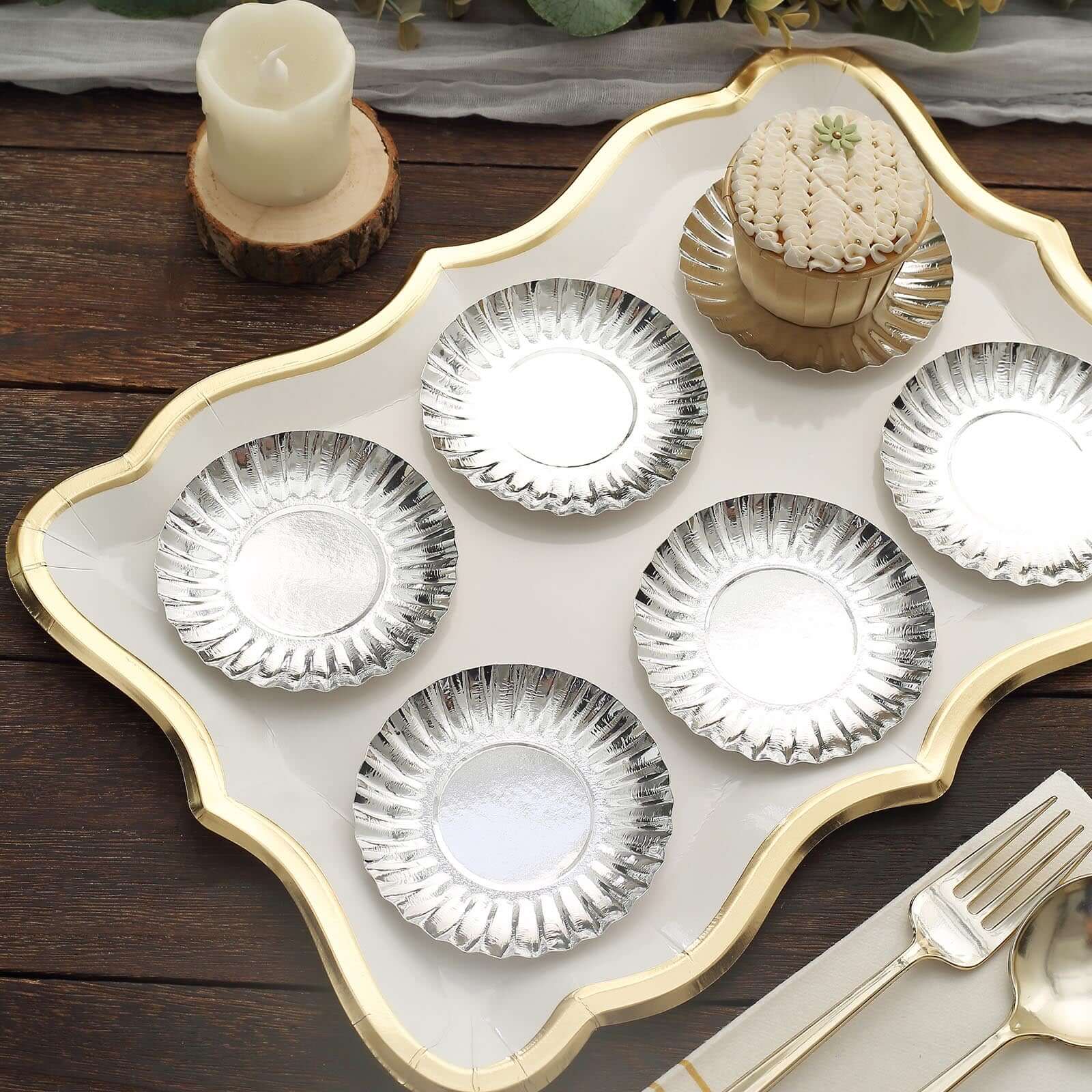 50-Pack Paper Round Party Plates 3.5" Metallic Silver Scalloped Rim - 250GSM Disposable Mini Dessert Plates - Image 12