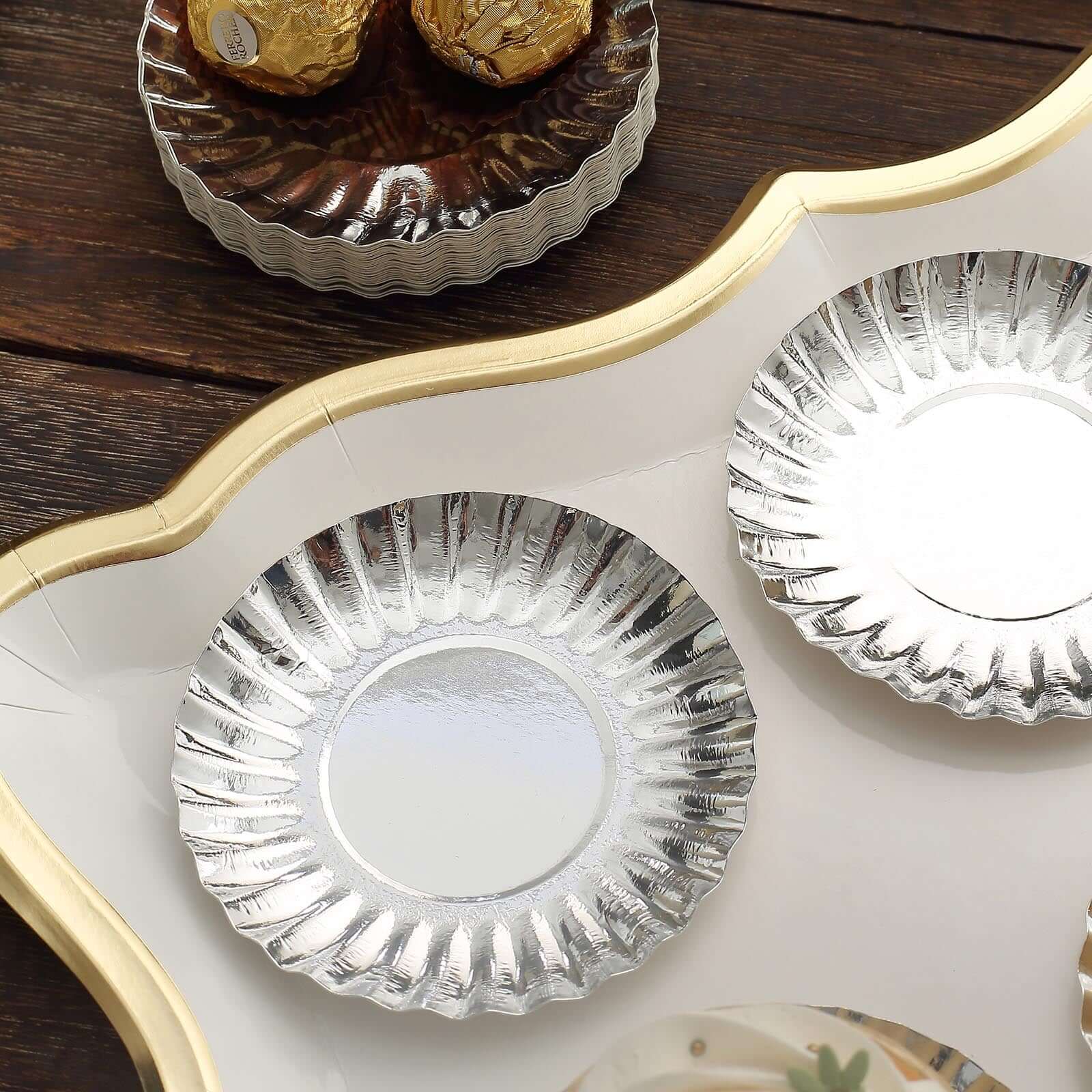 50-Pack Paper Round Party Plates 3.5" Metallic Silver Scalloped Rim - 250GSM Disposable Mini Dessert Plates - Image 13