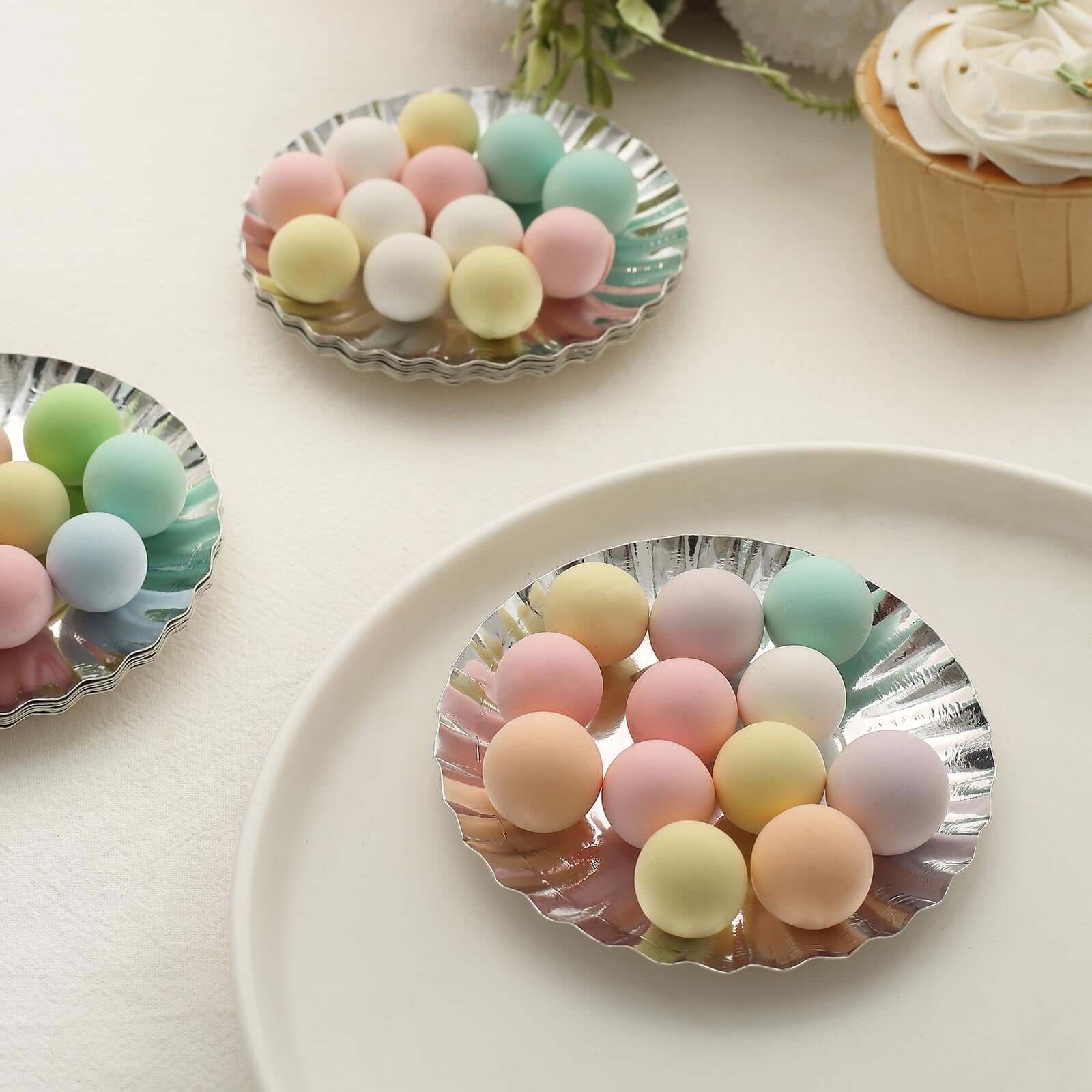 50-Pack Paper Round Party Plates 3.5" Metallic Silver Scalloped Rim - 250GSM Disposable Mini Dessert Plates - Image 2