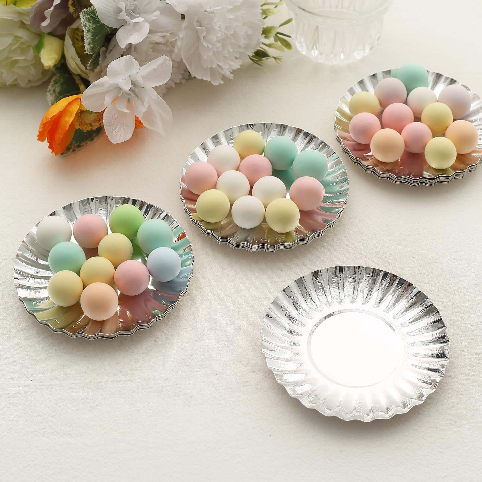 50-Pack Paper Round Party Plates 3.5" Metallic Silver Scalloped Rim - 250GSM Disposable Mini Dessert Plates - Image 6