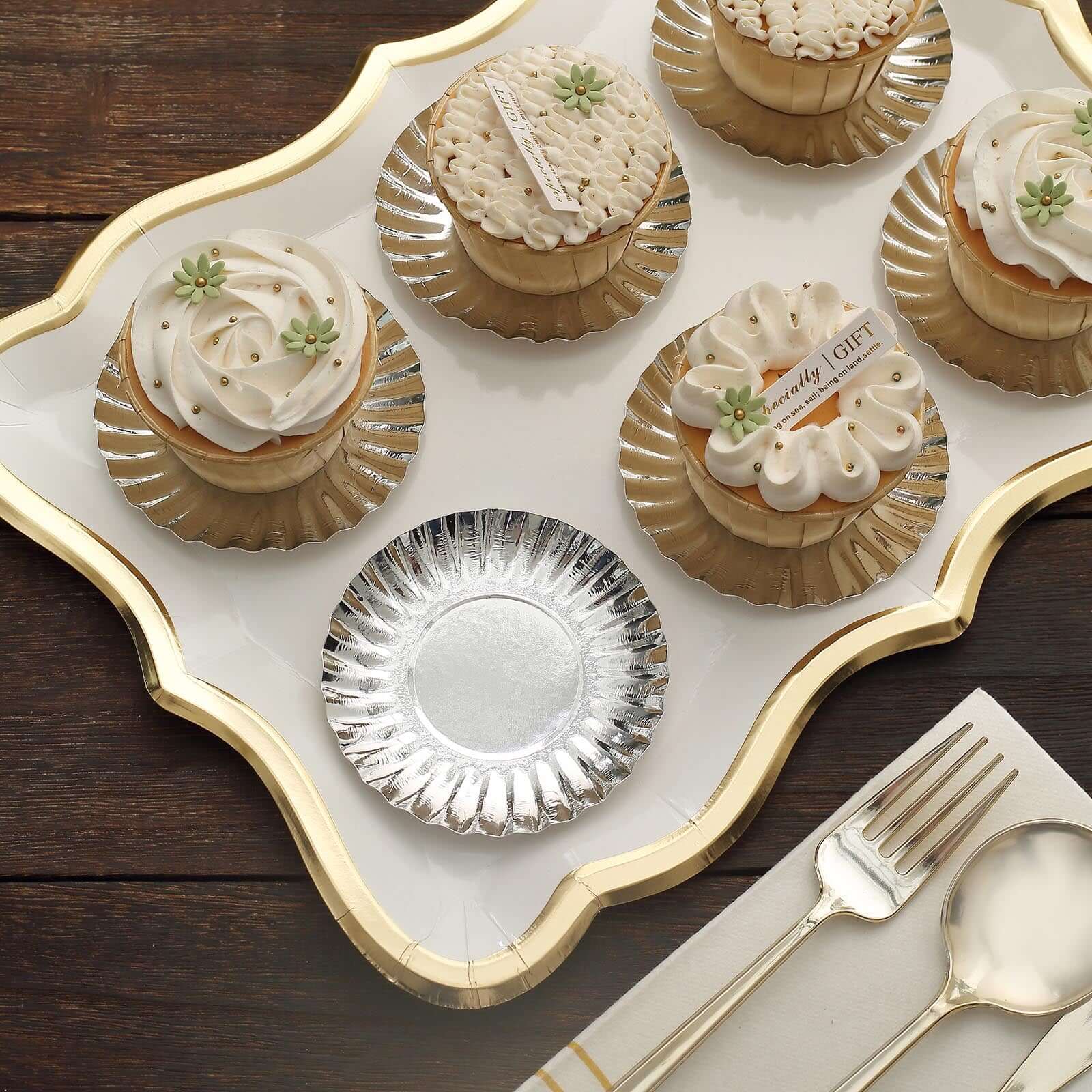 50-Pack Paper Round Party Plates 3.5" Metallic Silver Scalloped Rim - 250GSM Disposable Mini Dessert Plates - Image 7