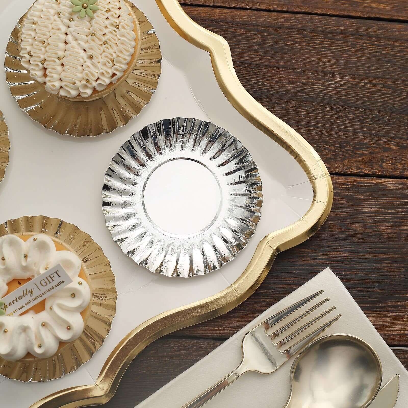 50-Pack Paper Round Party Plates 3.5" Metallic Silver Scalloped Rim - 250GSM Disposable Mini Dessert Plates - Image 9